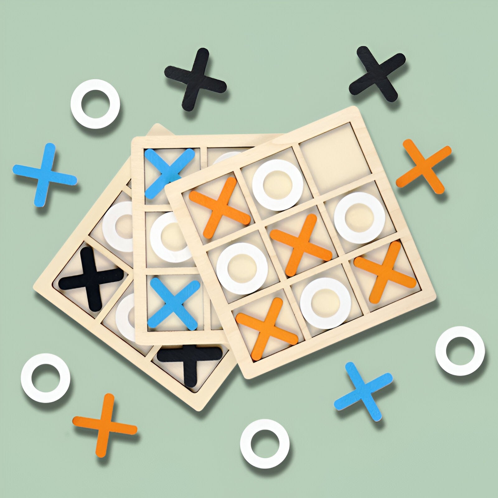 Jucarie Montessori Tic Tac Toe, Flippy, Educativa, Interactiva, din lemn, X si O, 9 Piese, 14.3x14.3 cm, Negru Alb-11
