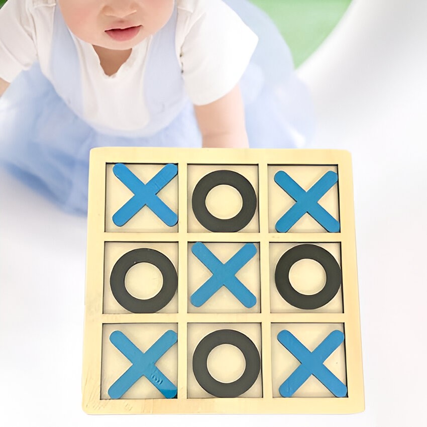 Jucarie Montessori Tic Tac Toe, Flippy, Educativa, Interactiva, din lemn, X si O, 9 Piese, 14.3x14.3 cm, Albastru Negru-2