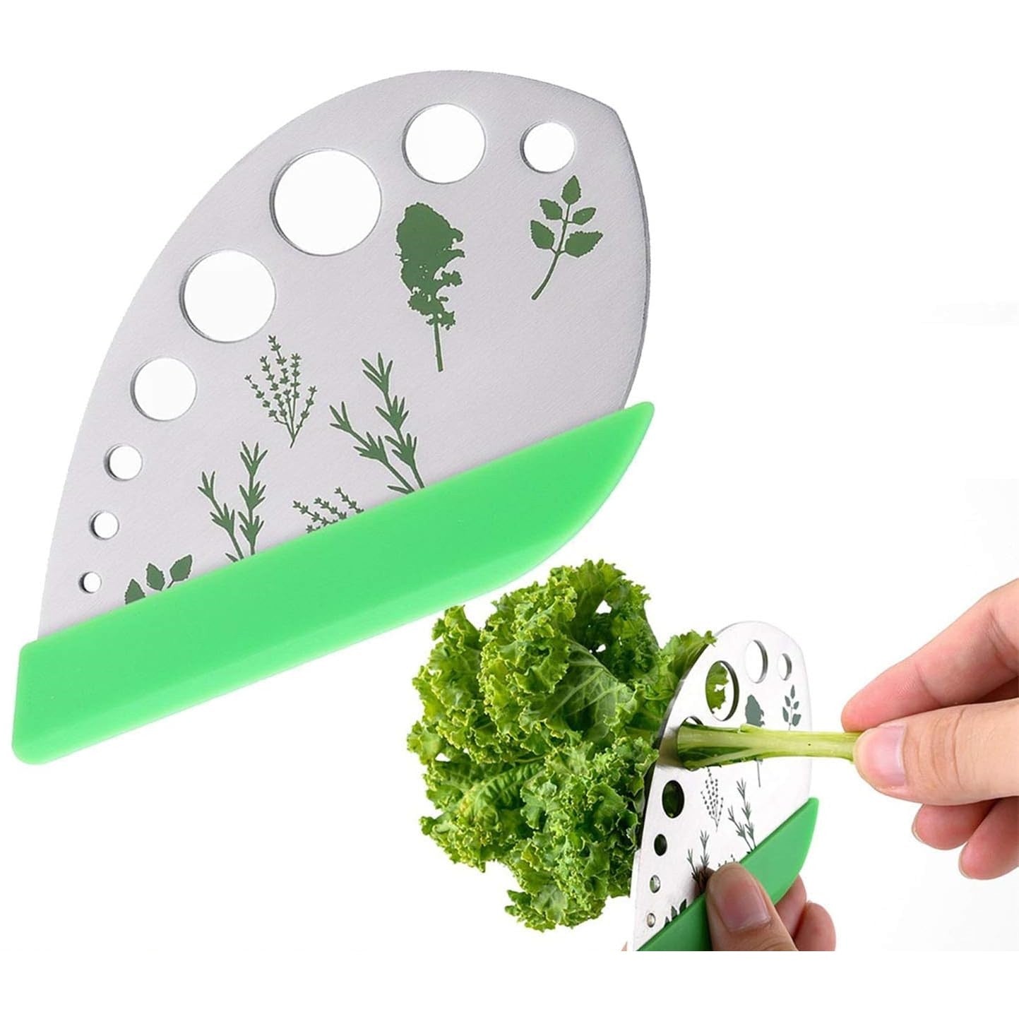 Tocator manual pentru ierburi Flippy, instrument de curatat frunze, margini ascutie, 9 gauri de diferite dimensiuni, multifunctional, material otel inoxidabil, maner ergonomic, rezistent la rugina, 12.3 x 6.9 cm, argintiu-1