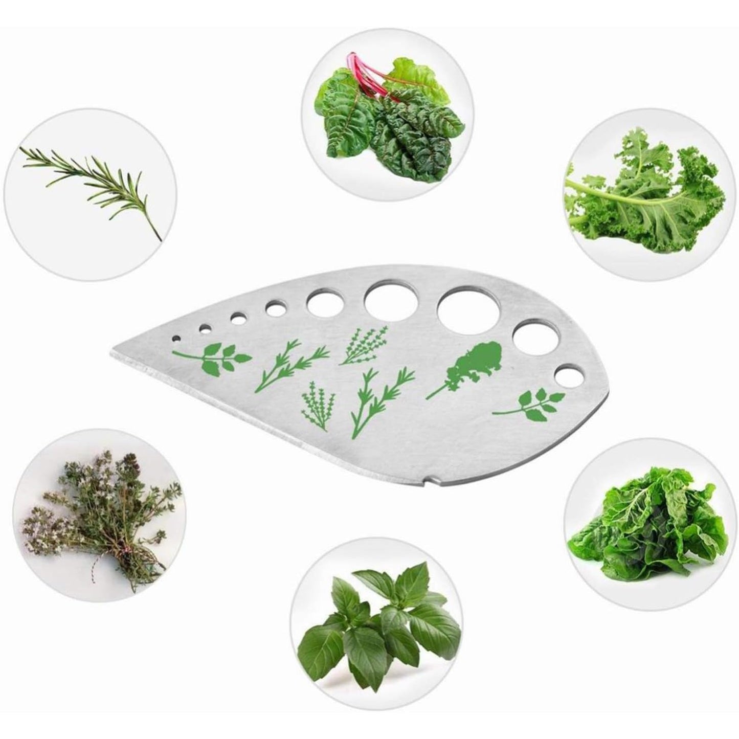 Tocator manual pentru ierburi Flippy, instrument de curatat frunze, margini ascutie, 9 gauri de diferite dimensiuni, multifunctional, material otel inoxidabil, maner ergonomic, rezistent la rugina, 12.3 x 6.9 cm, argintiu-4