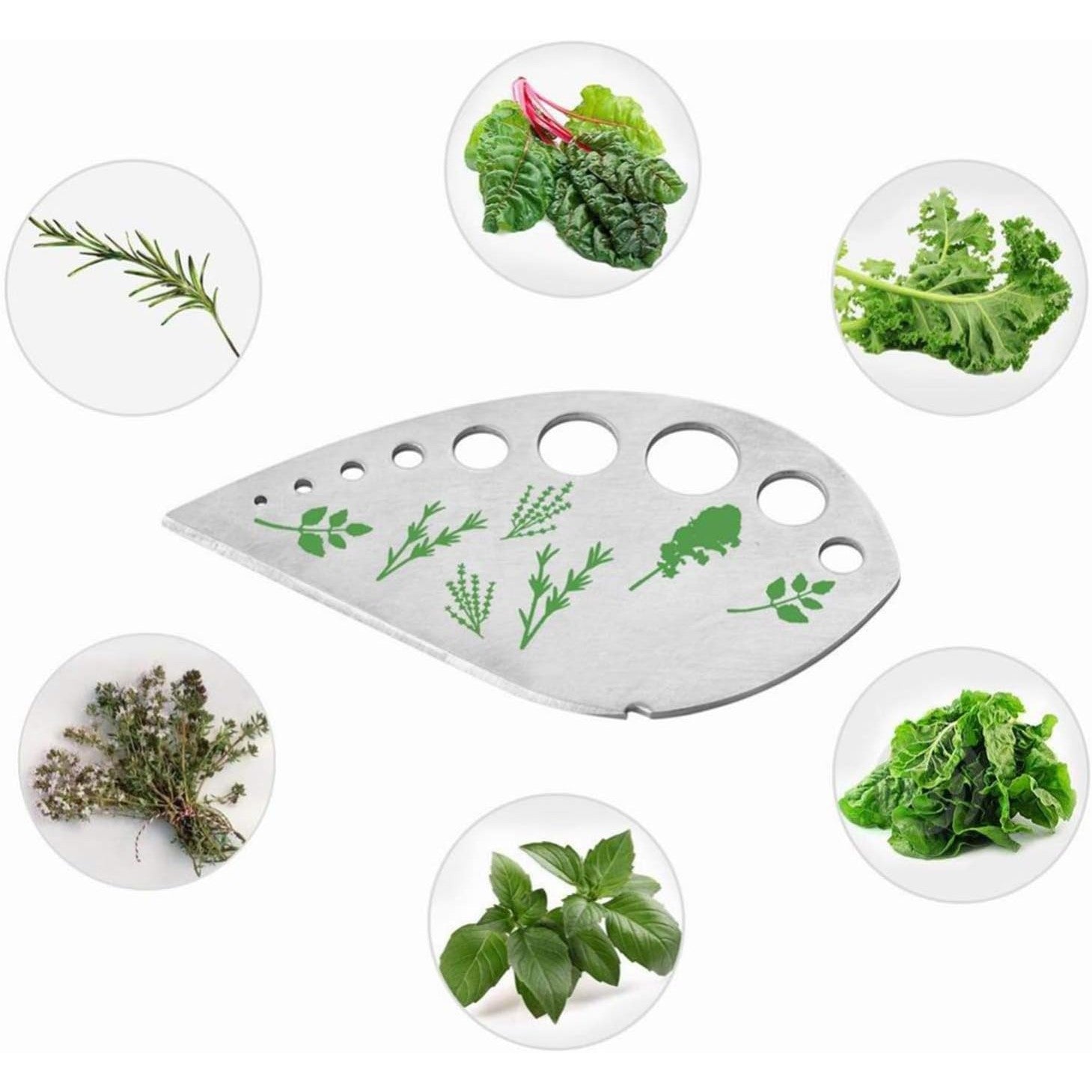 Tocator manual pentru ierburi Flippy, instrument de curatat frunze, margini ascutie, 9 gauri de diferite dimensiuni, multifunctional, material otel inoxidabil, maner ergonomic, rezistent la rugina, 12.3 x 6.9 cm, argintiu-4