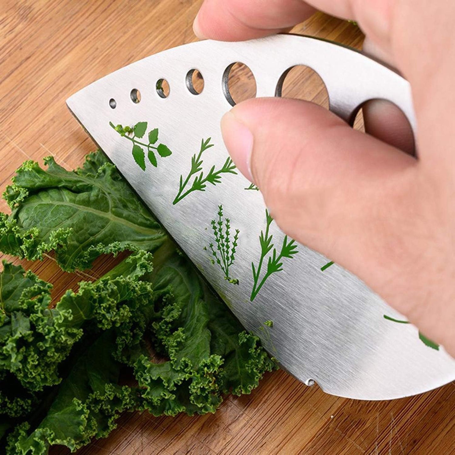 Tocator manual pentru ierburi Flippy, instrument de curatat frunze, margini ascutie, 9 gauri de diferite dimensiuni, multifunctional, material otel inoxidabil, maner ergonomic, rezistent la rugina, 12.3 x 6.9 cm, argintiu-6