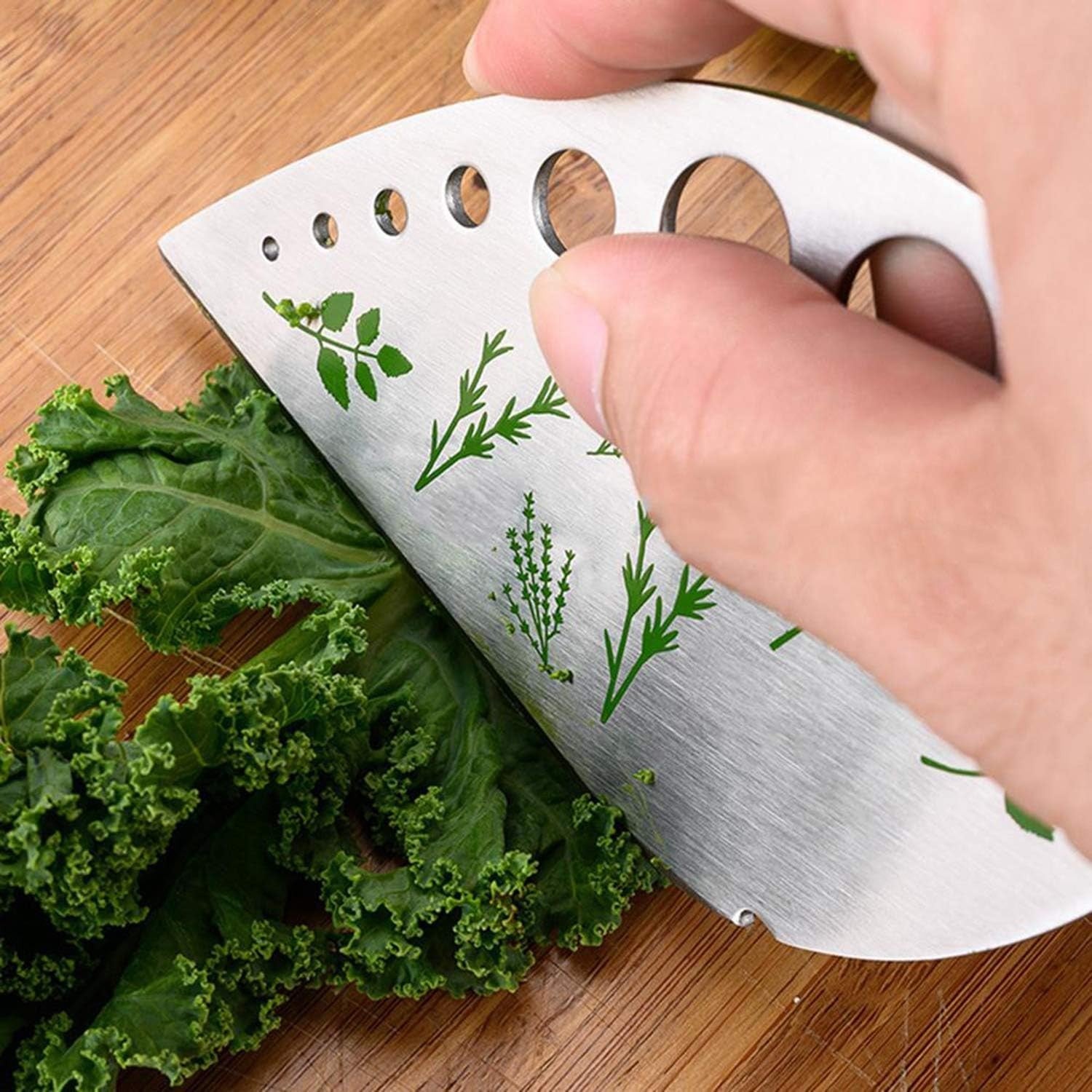 Tocator manual pentru ierburi Flippy, instrument de curatat frunze, margini ascutie, 9 gauri de diferite dimensiuni, multifunctional, material otel inoxidabil, maner ergonomic, rezistent la rugina, 12.3 x 6.9 cm, argintiu-6