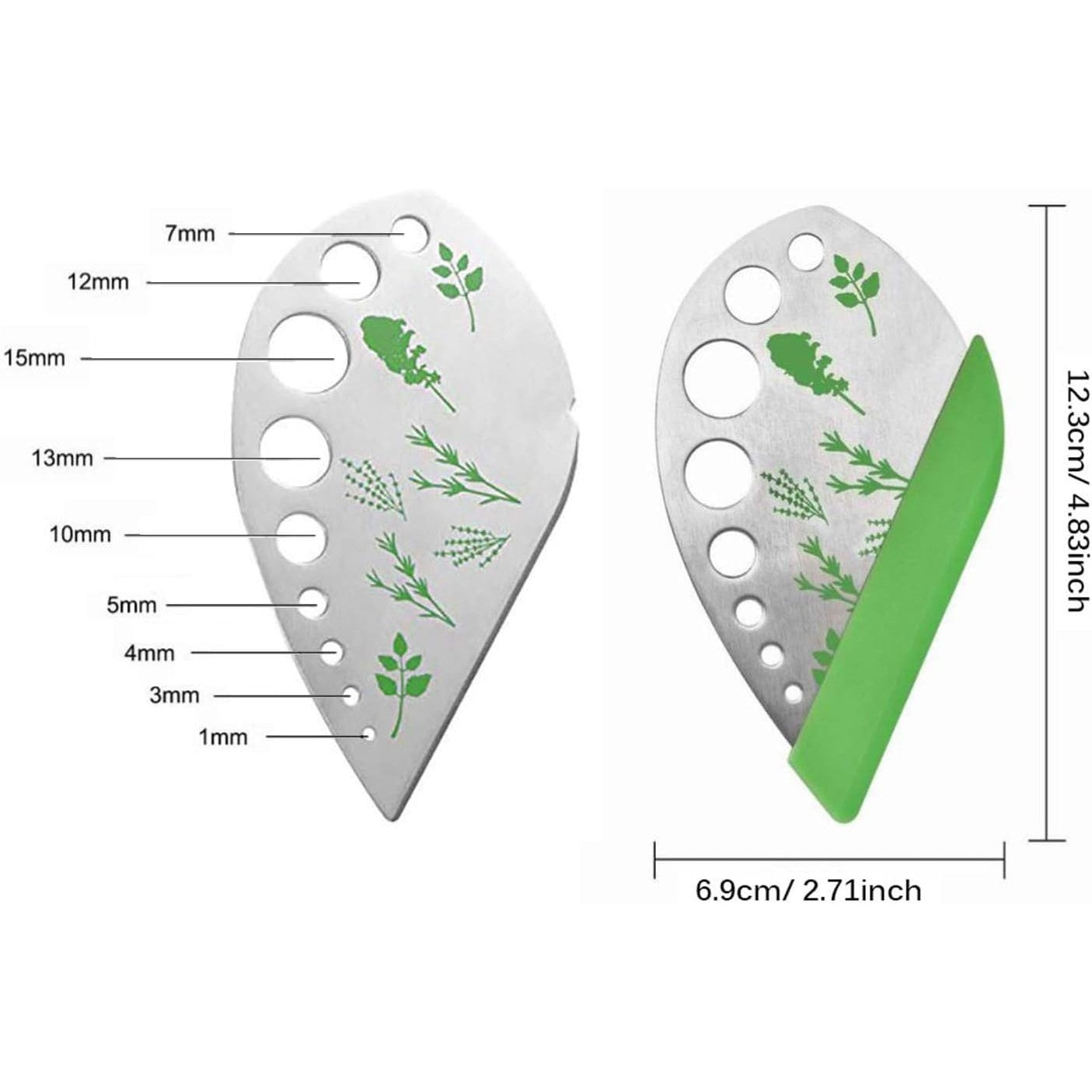 Tocator manual pentru ierburi Flippy, instrument de curatat frunze, margini ascutie, 9 gauri de diferite dimensiuni, multifunctional, material otel inoxidabil, maner ergonomic, rezistent la rugina, 12.3 x 6.9 cm, argintiu-7