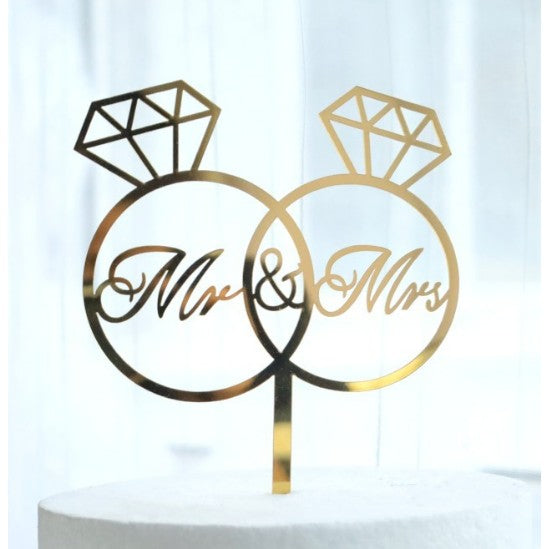 Decoratiune Topper pentru Tort, Flippy, Model Inele Mr&Mrs, Tematica Nunta, 10 cm, Auriu-0