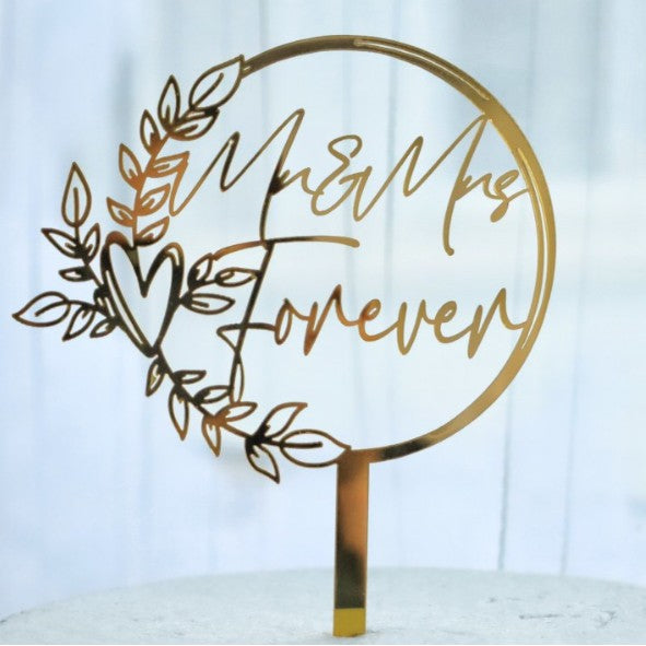 Decoratiune Topper pentru Tort, Flippy, Model Mr&Mrs Forever, Tematica Nunta, 10 cm, Auriu, Model 2-0