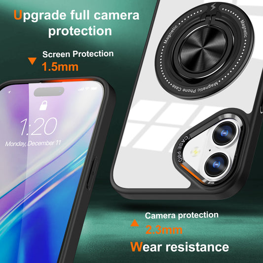 Husa de Protectie TPU, Flippy, pentru iPhone 16 Plus, Anticadere, cu Incarcare Wireless, Tehnologie Magsafe, Inel Magnetic Rotativ cu Functie de Suport, Transparent-Negru-1