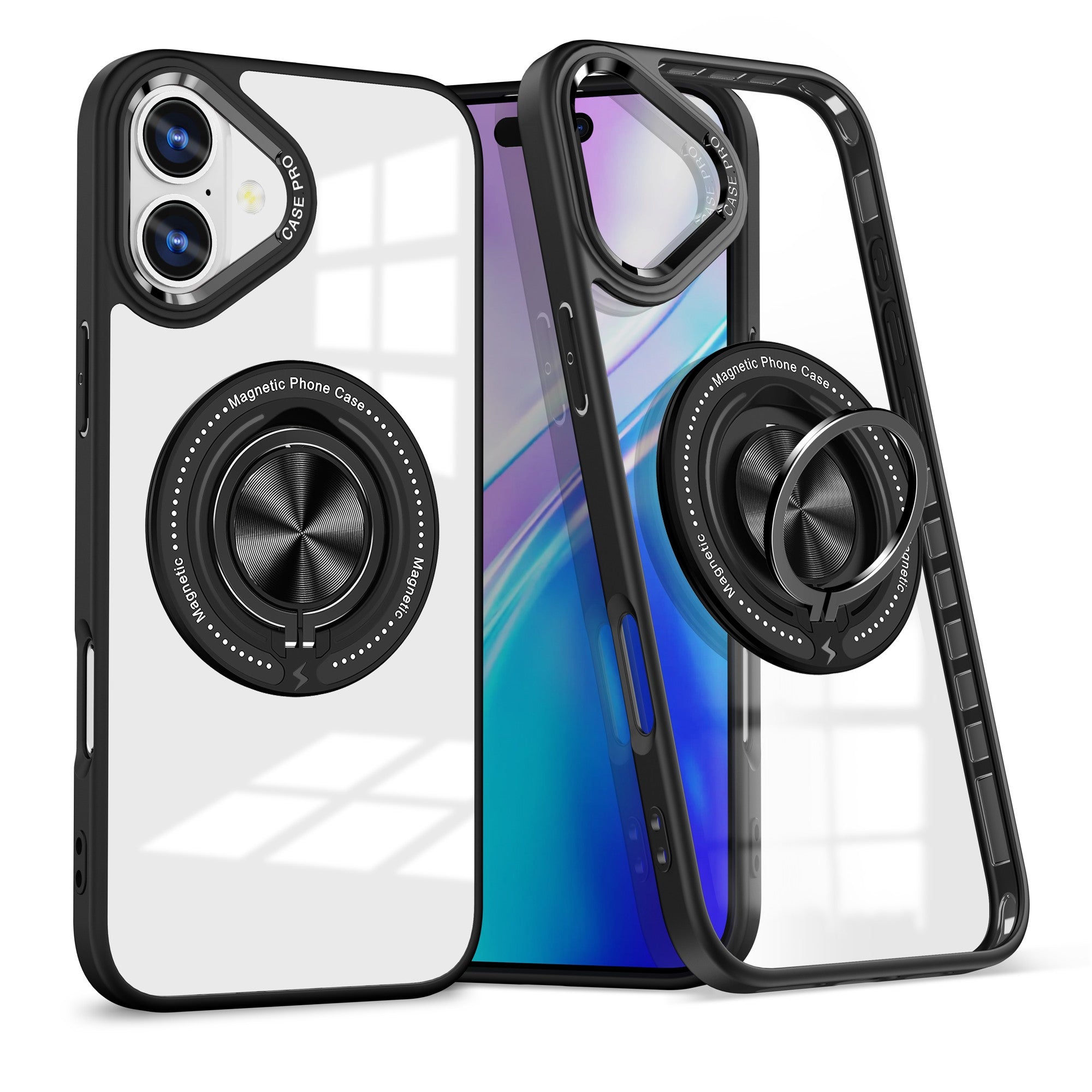 Husa de Protectie TPU, Flippy, pentru iPhone 16 Plus, Anticadere, cu Incarcare Wireless, Tehnologie Magsafe, Inel Magnetic Rotativ cu Functie de Suport, Transparent-Negru-0