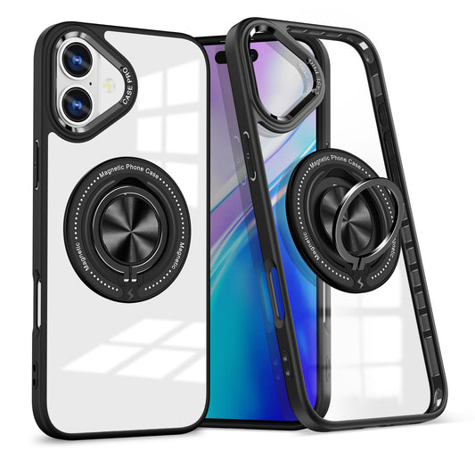 Husa de Protectie TPU, Flippy, pentru iPhone 16 Plus, Anticadere, cu Incarcare Wireless, Tehnologie Magsafe, Inel Magnetic Rotativ cu Functie de Suport, Transparent-Negru-0