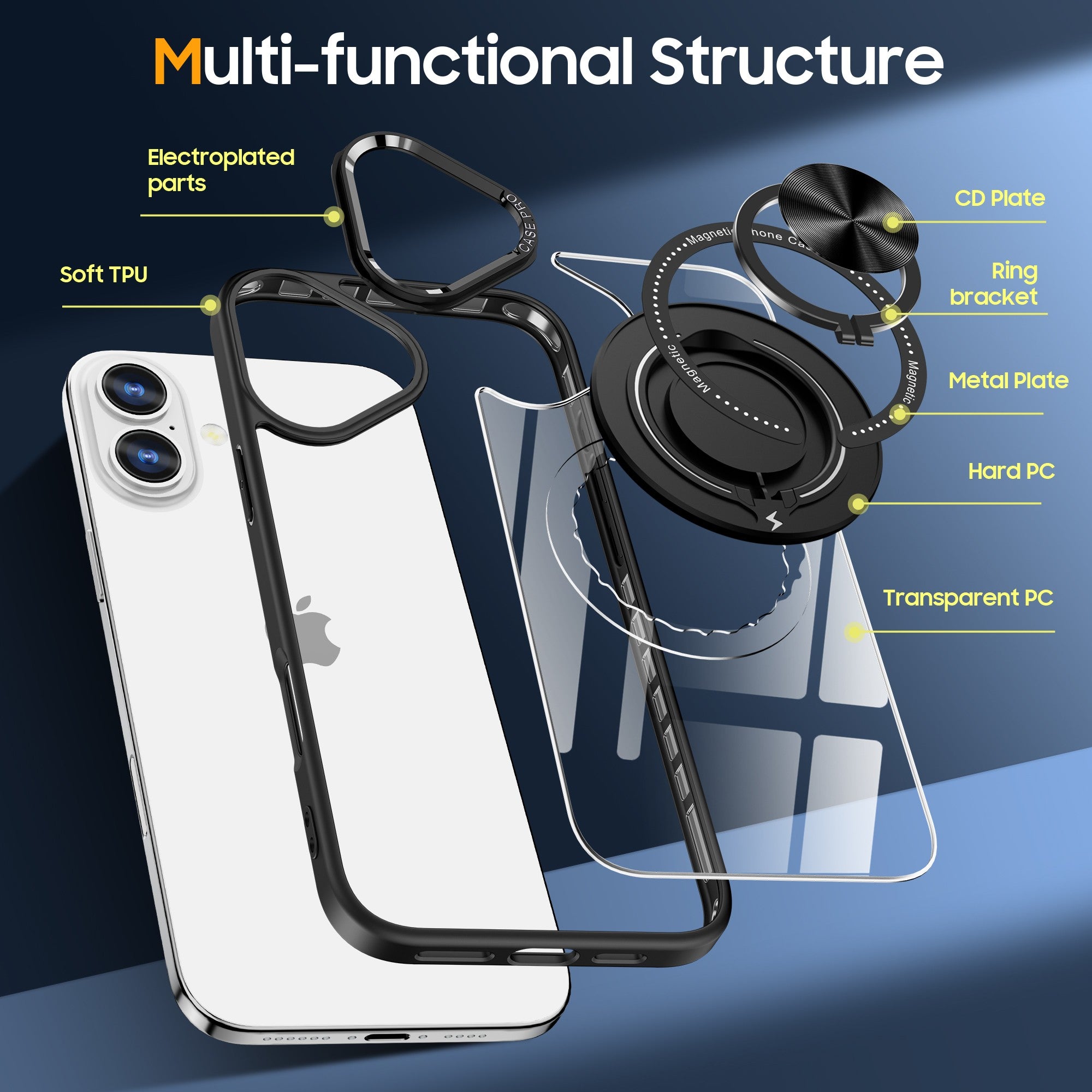 Husa de Protectie TPU, Flippy, pentru iPhone 16 Pro, Anticadere, cu Incarcare Wireless, Tehnologie Magsafe, Inel Magnetic Rotativ cu Functie de Suport, Transparent-Negru-4
