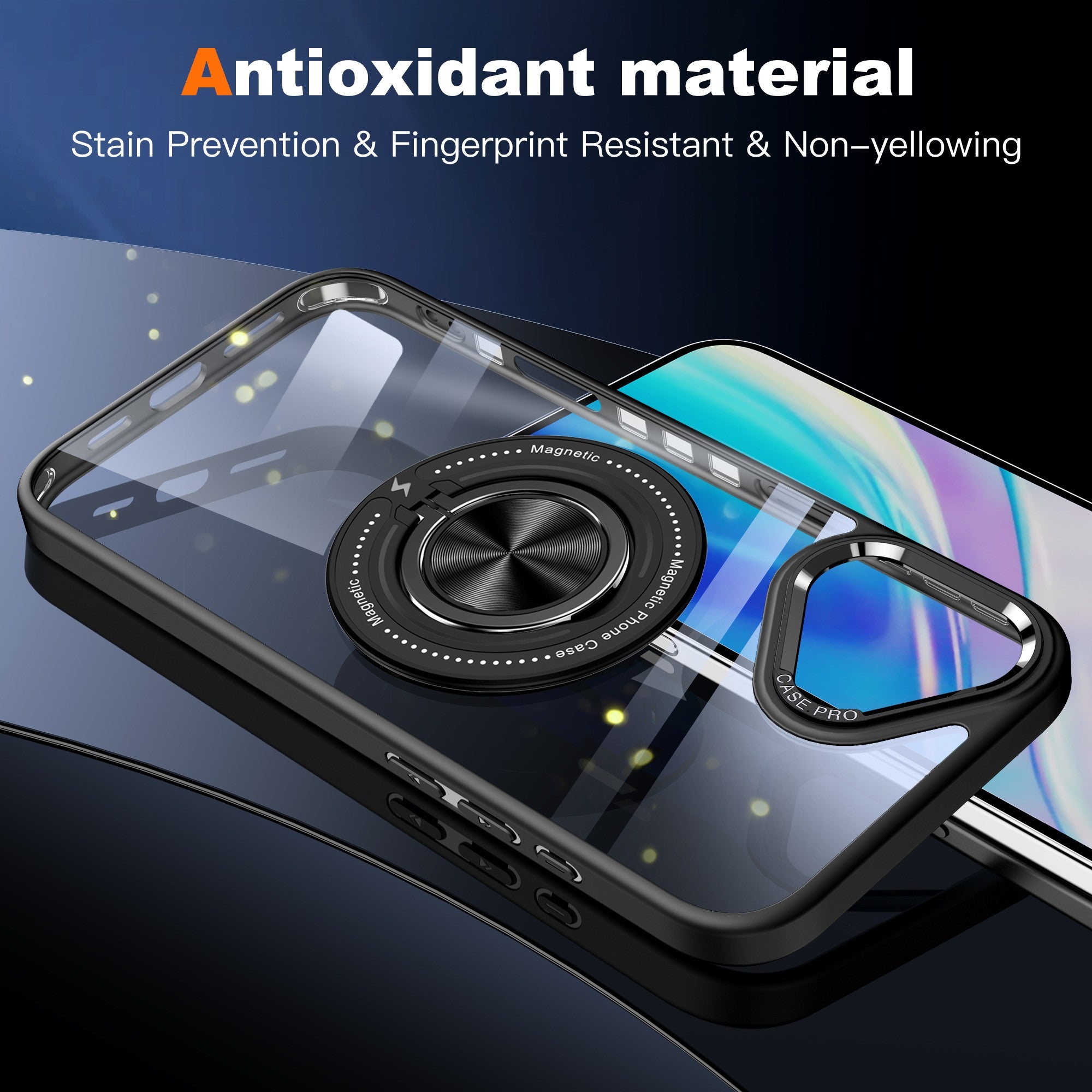 Husa de Protectie TPU, Flippy, pentru iPhone 16 Pro, Anticadere, cu Incarcare Wireless, Tehnologie Magsafe, Inel Magnetic Rotativ cu Functie de Suport, Transparent-Negru-6