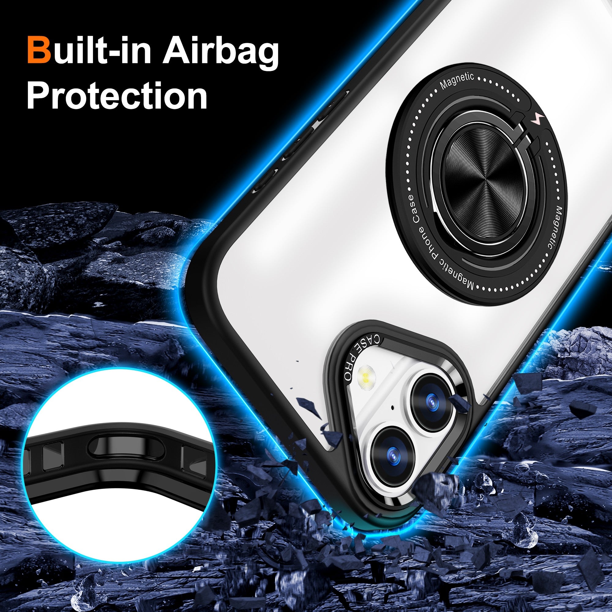 Husa de Protectie TPU, Flippy, pentru iPhone 16 Pro Max, Anticadere, cu Incarcare Wireless, Tehnologie Magsafe, Inel Magnetic Rotativ cu Functie de Suport, Transparent-Negru-2