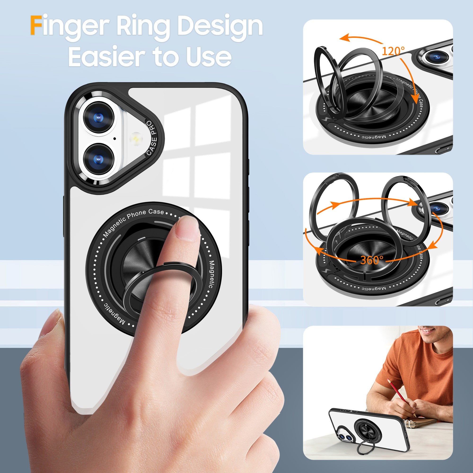 Husa de Protectie TPU, Flippy, pentru iPhone 16 Pro Max, Anticadere, cu Incarcare Wireless, Tehnologie Magsafe, Inel Magnetic Rotativ cu Functie de Suport, Transparent-Negru-5