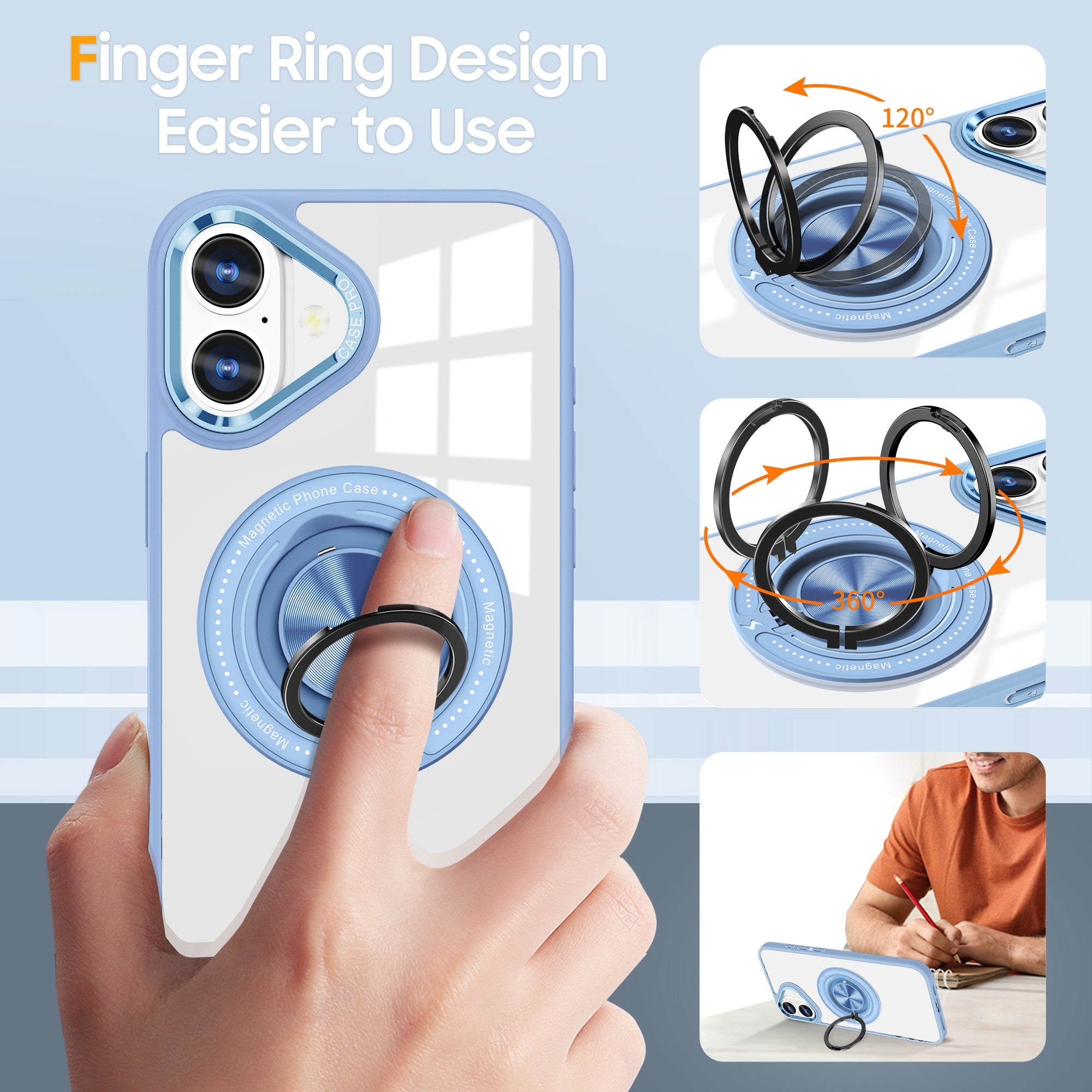 Husa de Protectie TPU, Flippy, pentru iPhone 16, Anticadere, cu Incarcare Wireless, Tehnologie Magsafe, Inel Magnetic Rotativ cu Functie de Suport, Transparent-Albastru Deschis-5