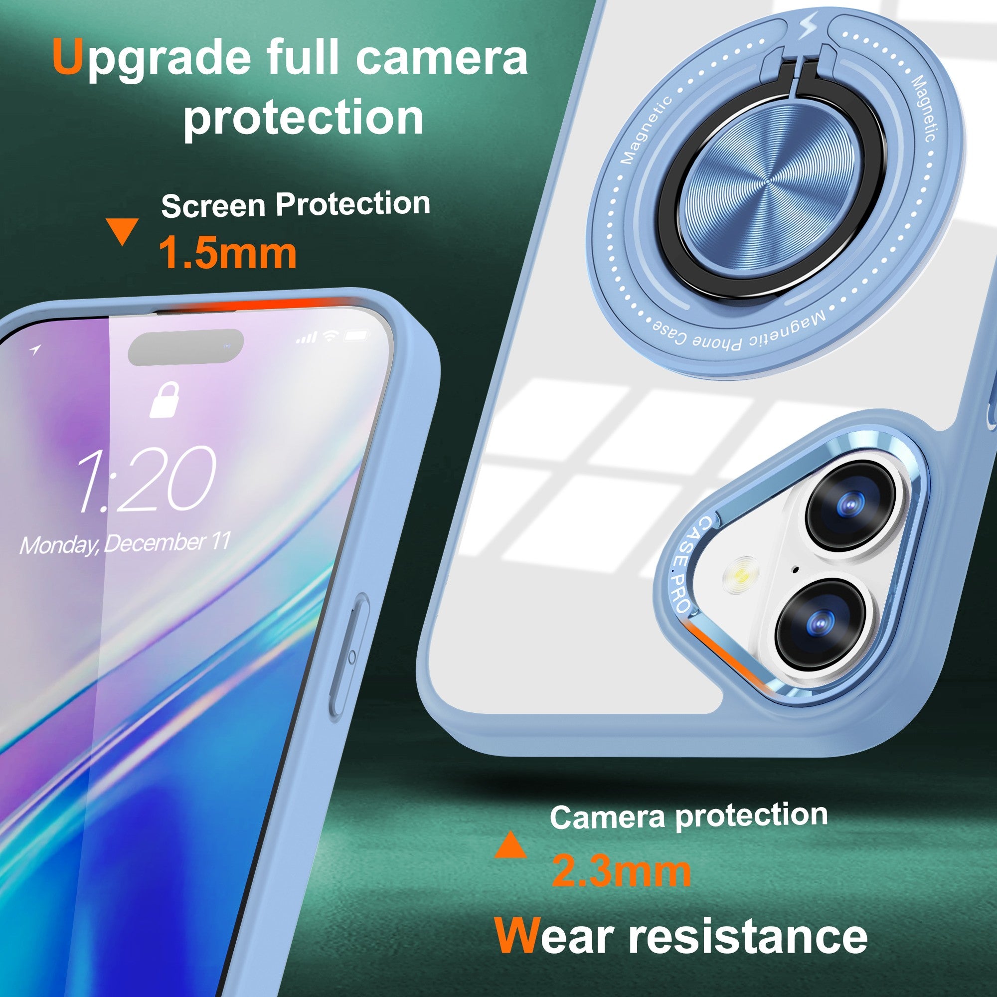 Husa de Protectie TPU, Flippy, pentru iPhone 16 Plus, Anticadere, cu Incarcare Wireless, Tehnologie Magsafe, Inel Magnetic Rotativ cu Functie de Suport, Transparent-Albastru Deschis-1