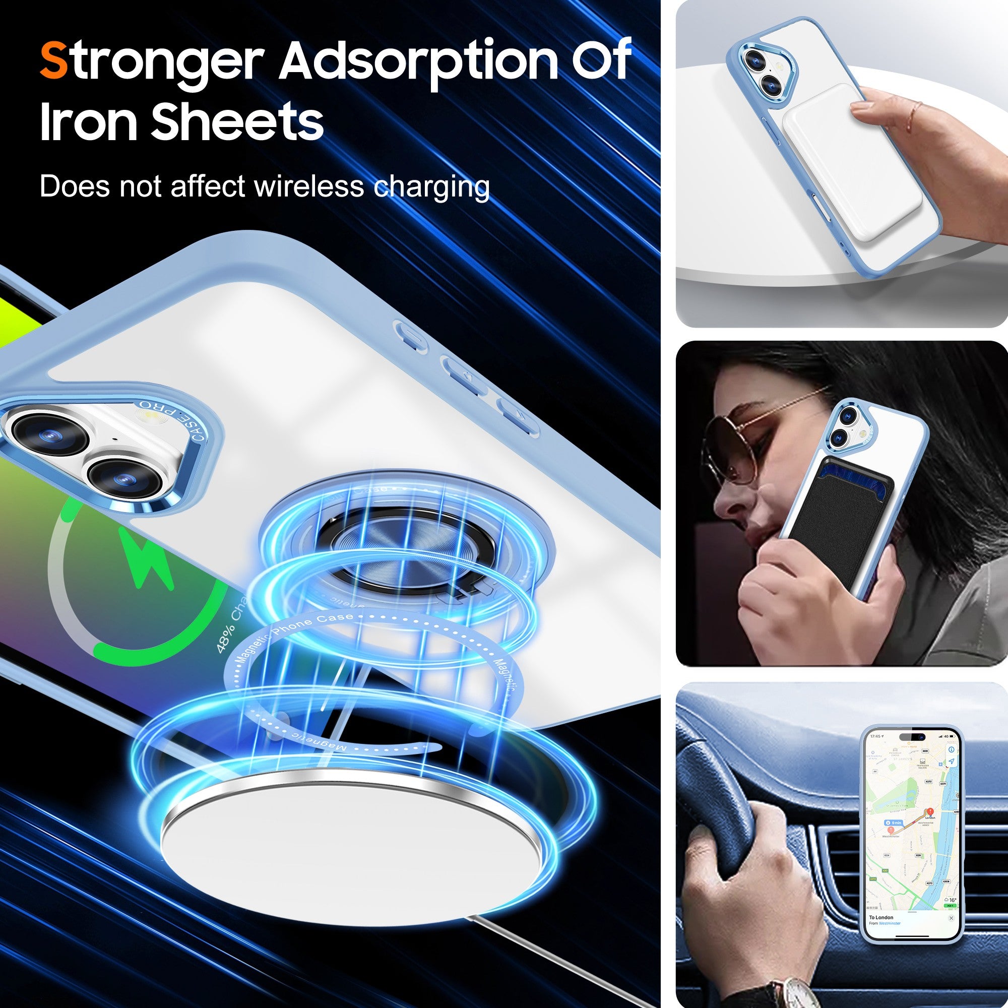Husa de Protectie TPU, Flippy, pentru iPhone 16 Plus, Anticadere, cu Incarcare Wireless, Tehnologie Magsafe, Inel Magnetic Rotativ cu Functie de Suport, Transparent-Albastru Deschis-3