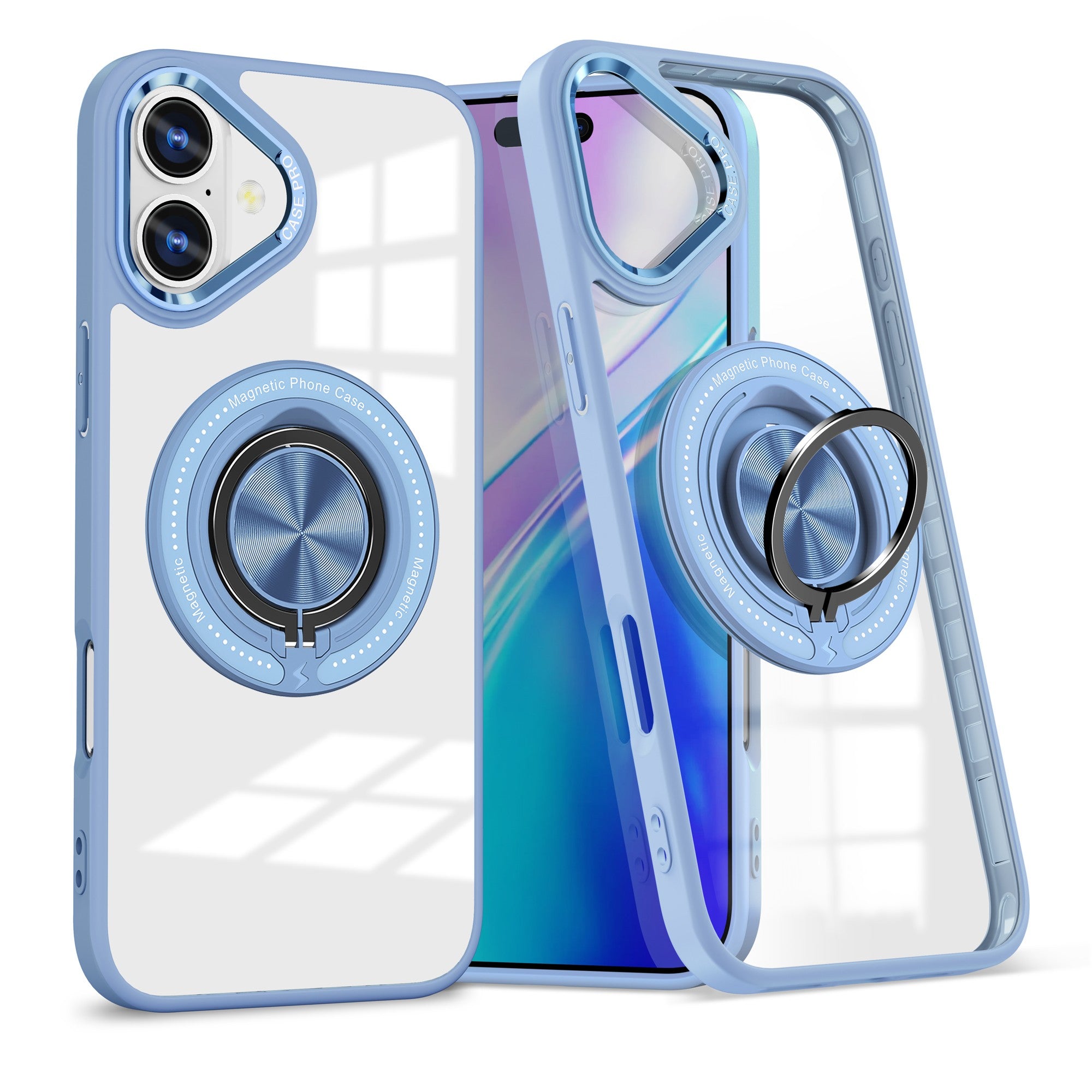 Husa de Protectie TPU, Flippy, pentru iPhone 16 Plus, Anticadere, cu Incarcare Wireless, Tehnologie Magsafe, Inel Magnetic Rotativ cu Functie de Suport, Transparent-Albastru Deschis-0