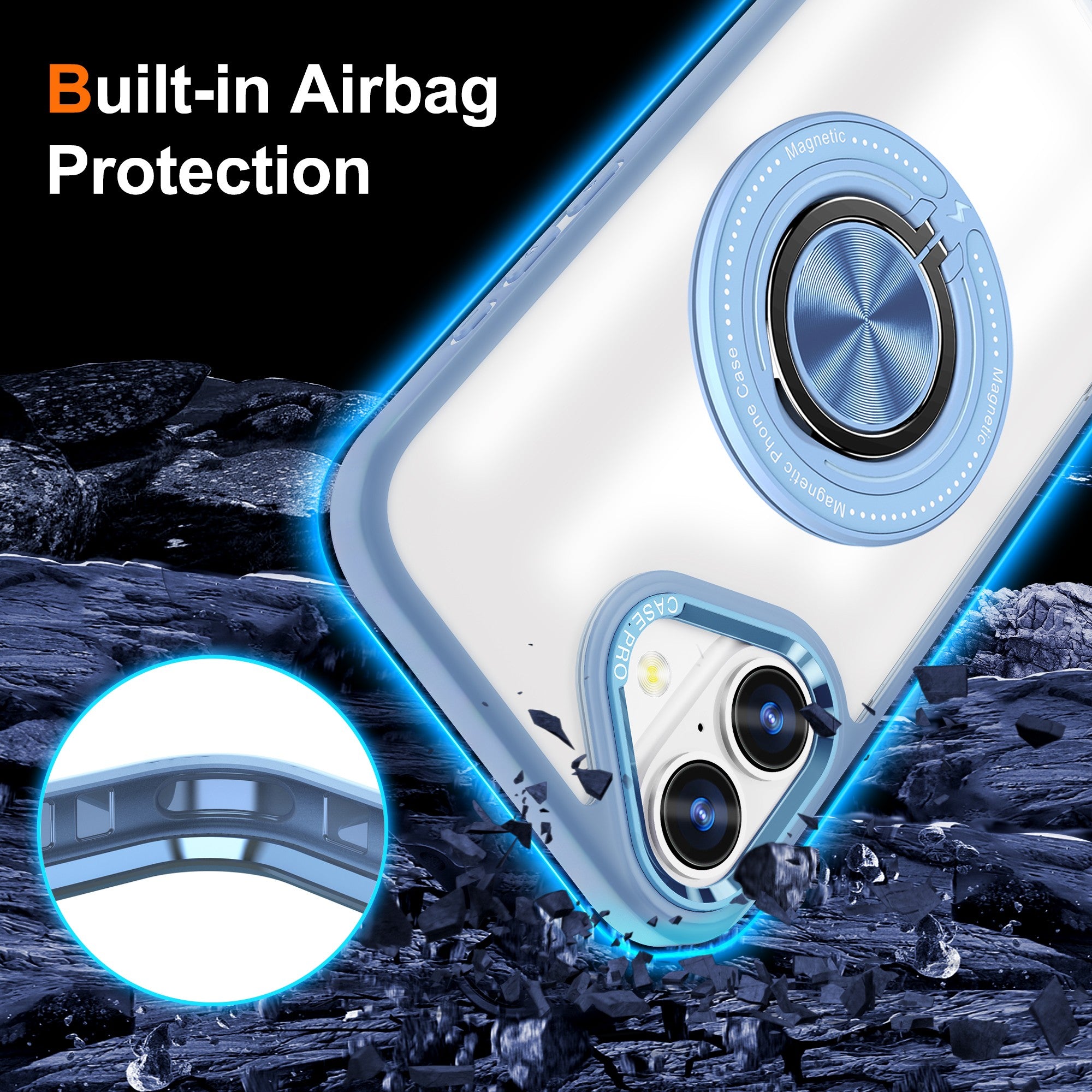 Husa de Protectie TPU, Flippy, pentru iPhone 16 Pro Anticadere, cu Incarcare Wireless, Tehnologie Magsafe, Inel Magnetic Rotativ cu Functie de Suport, Transparent-Albastru Deschis-2