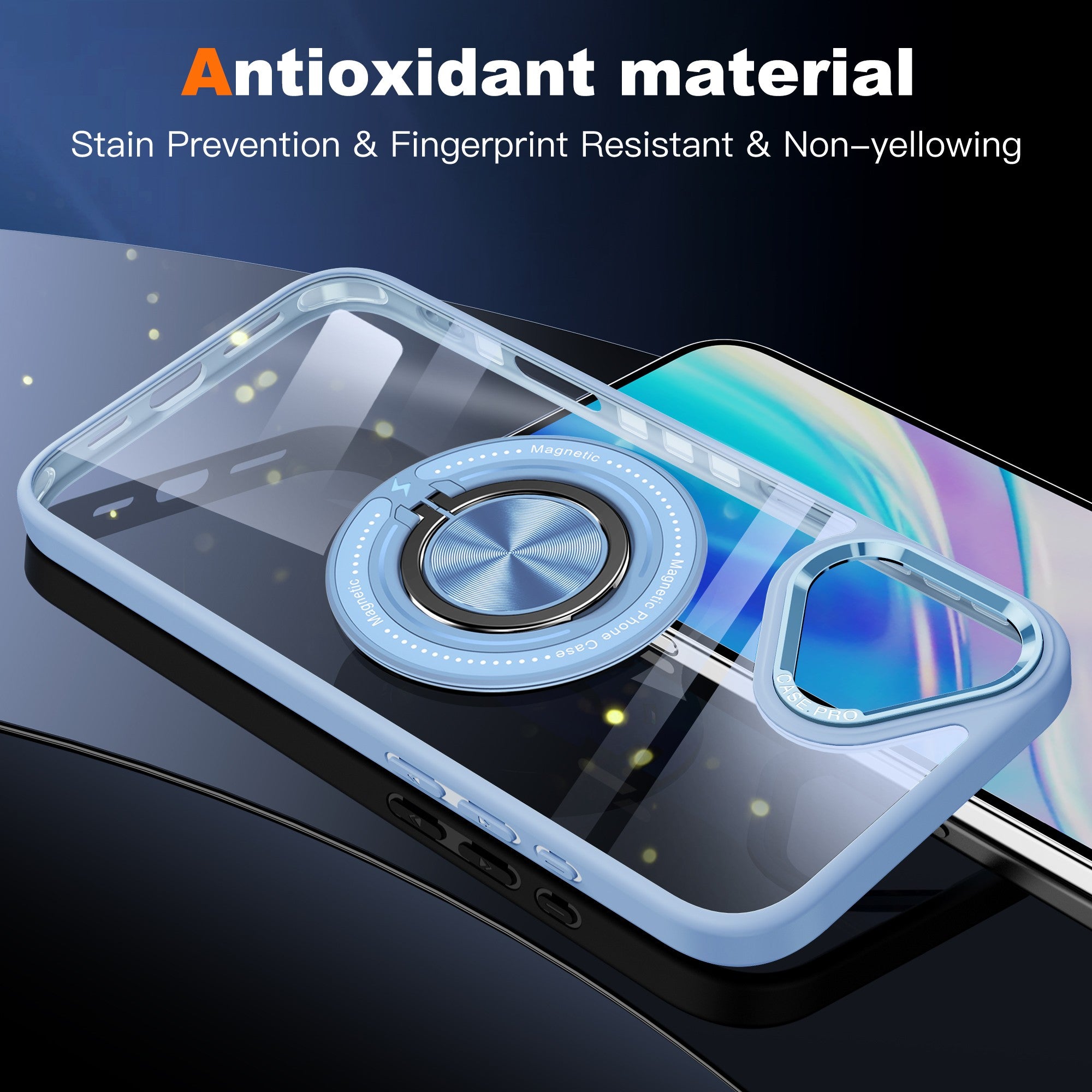 Husa de Protectie TPU, Flippy, pentru iPhone 16 Pro Anticadere, cu Incarcare Wireless, Tehnologie Magsafe, Inel Magnetic Rotativ cu Functie de Suport, Transparent-Albastru Deschis-6