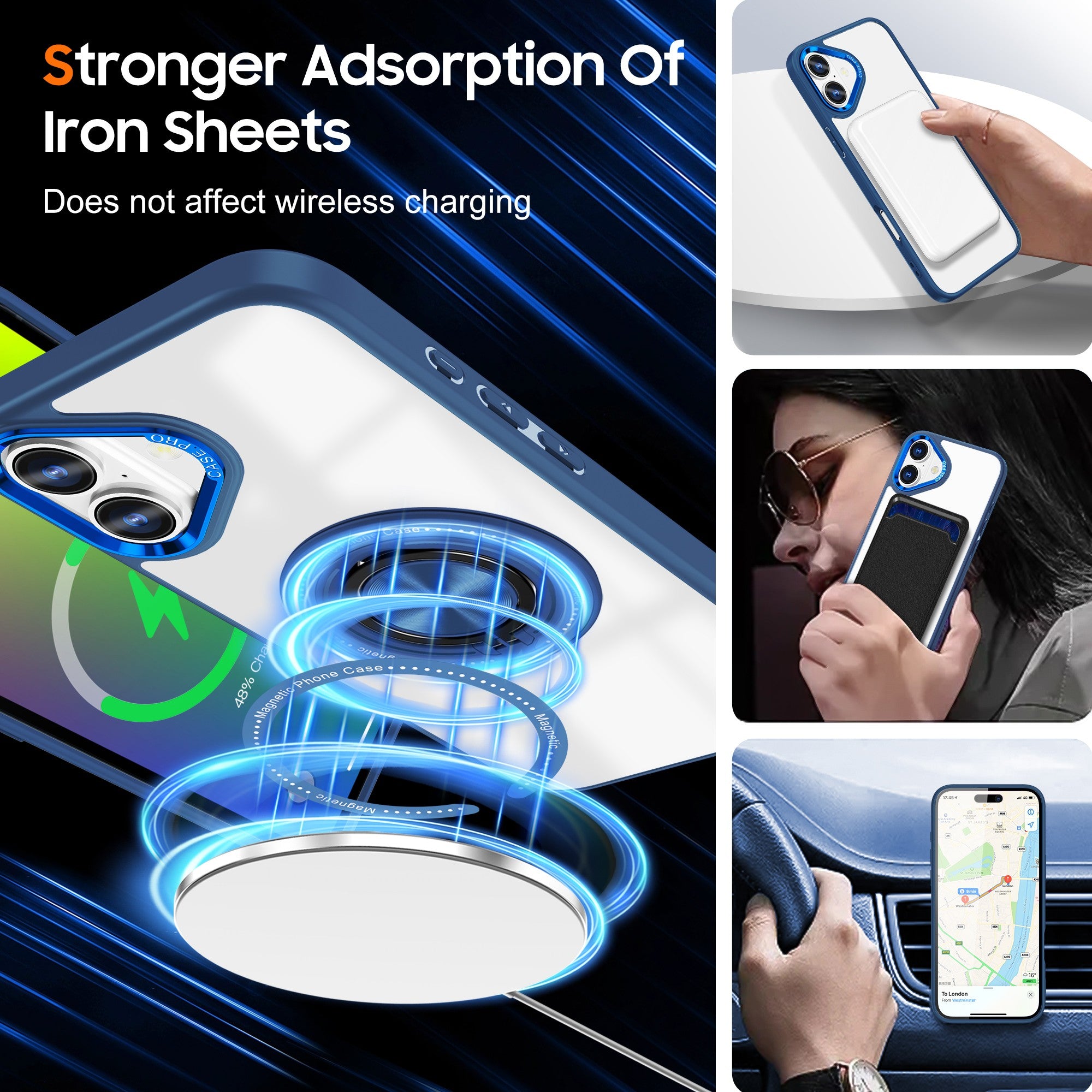 Husa de Protectie TPU, Flippy, pentru iPhone 16, cu Incarcare Wireless, Tehnologie Magsafe, Inel Magnetic Rotativ cu Functie de Suport, Transparent-Albastru Inchis-3