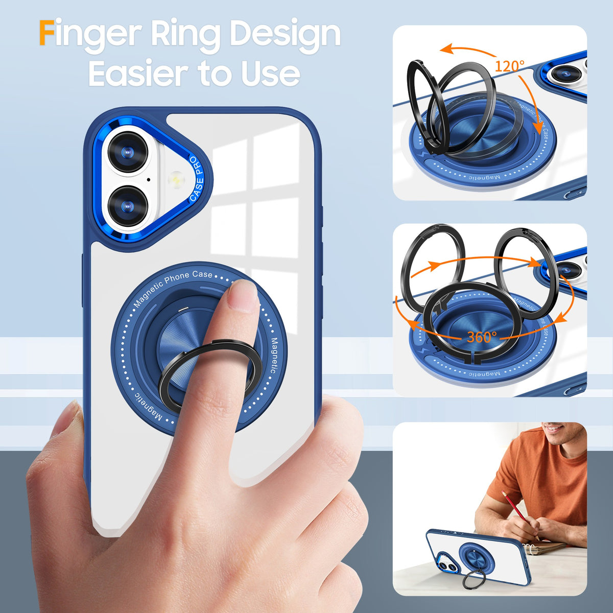 Husa de Protectie TPU, Flippy, pentru iPhone 16, cu Incarcare Wireless, Tehnologie Magsafe, Inel Magnetic Rotativ cu Functie de Suport, Transparent-Albastru Inchis-5