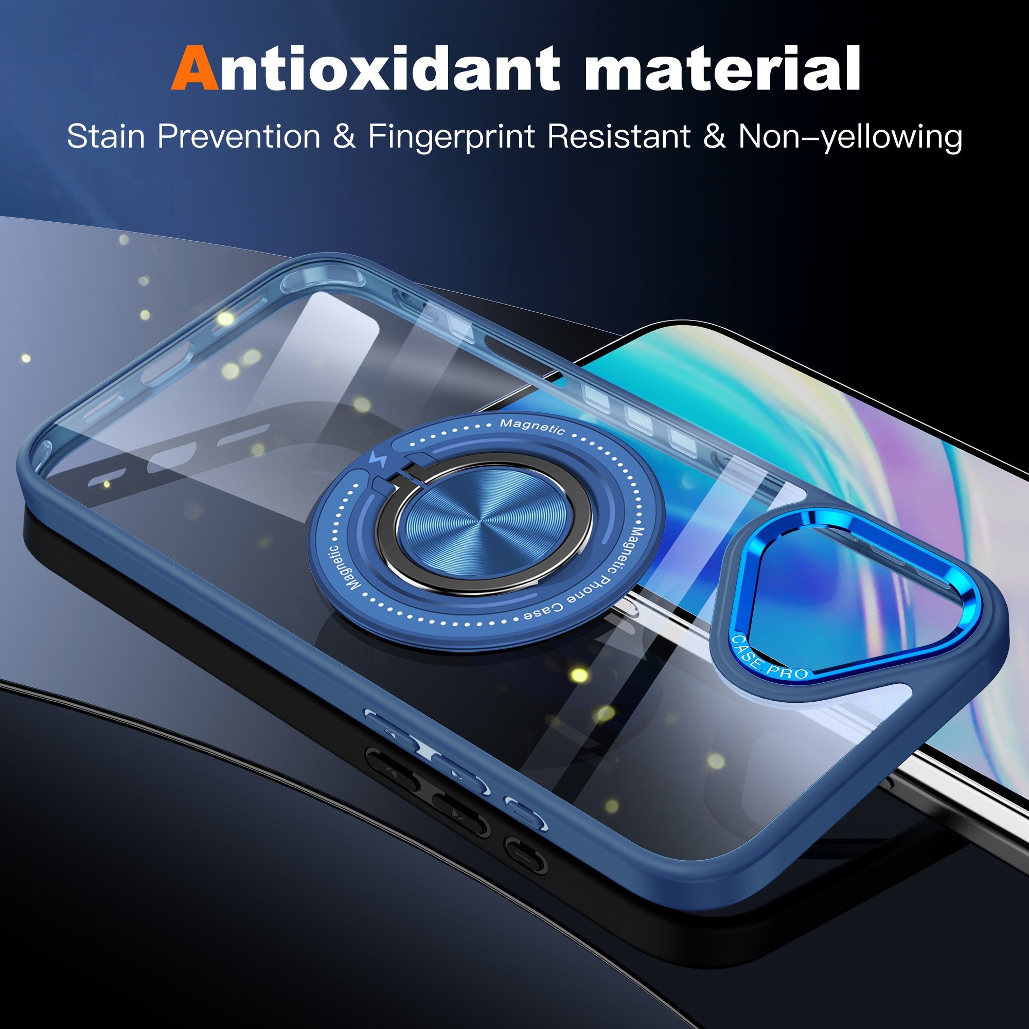 Husa de Protectie TPU, Flippy, pentru iPhone 16, cu Incarcare Wireless, Tehnologie Magsafe, Inel Magnetic Rotativ cu Functie de Suport, Transparent-Albastru Inchis-6