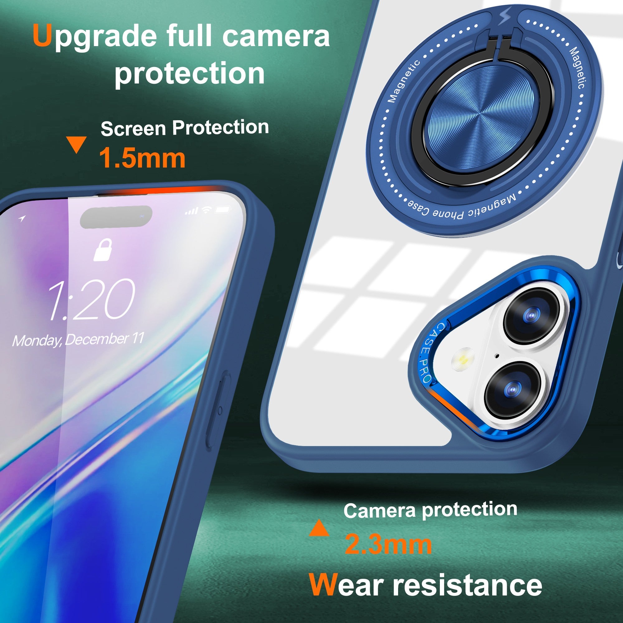 Husa de Protectie TPU, Flippy, pentru iPhone 16 Plus, cu Incarcare Wireless, Tehnologie Magsafe, Inel Magnetic Rotativ cu Functie de Suport, Transparent-Albastru Inchis-1
