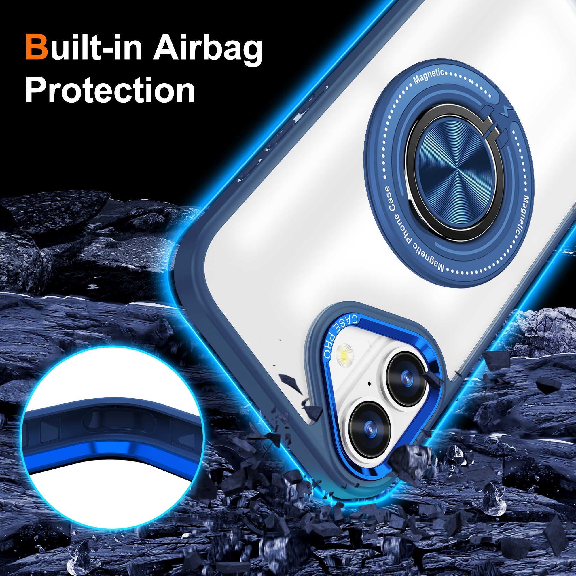 Husa de Protectie TPU, Flippy, pentru iPhone 16 Plus, cu Incarcare Wireless, Tehnologie Magsafe, Inel Magnetic Rotativ cu Functie de Suport, Transparent-Albastru Inchis-2