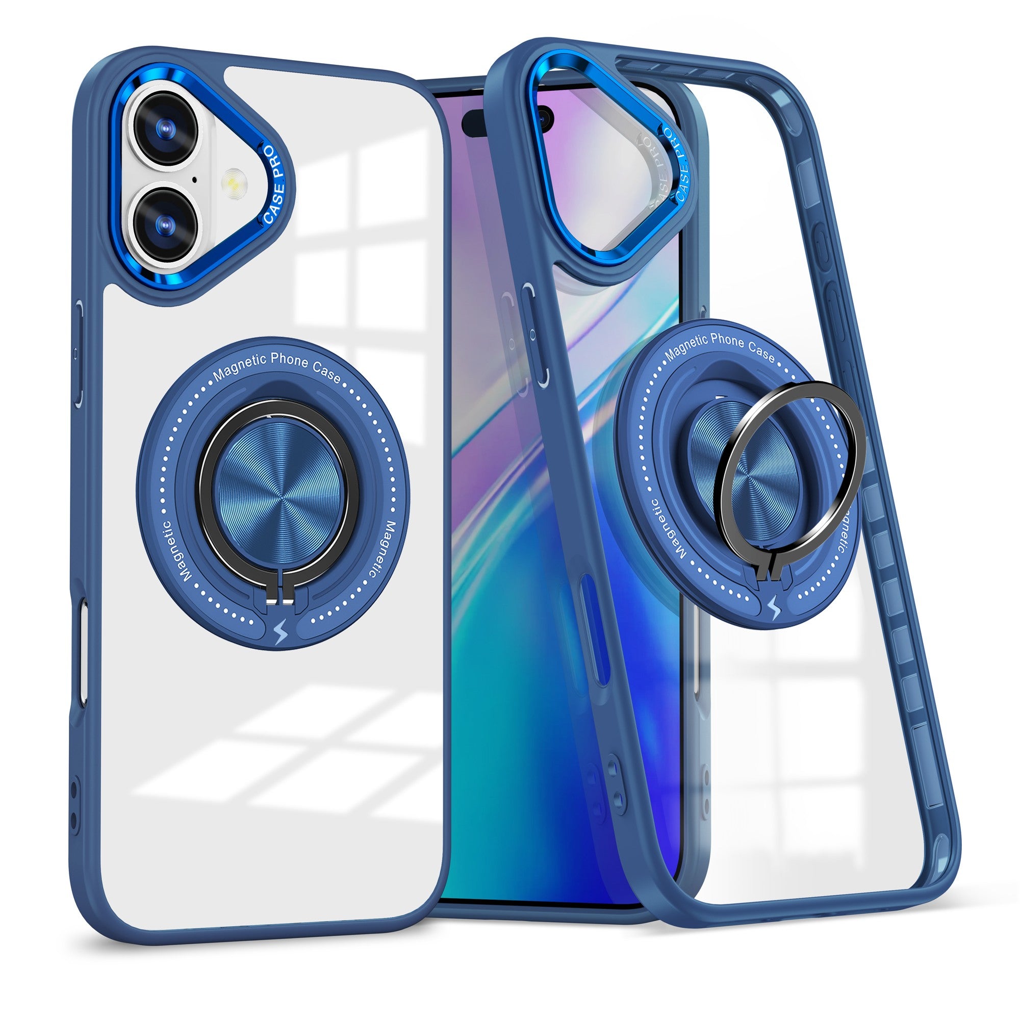 Husa de Protectie TPU, Flippy, pentru iPhone 16 Plus, cu Incarcare Wireless, Tehnologie Magsafe, Inel Magnetic Rotativ cu Functie de Suport, Transparent-Albastru Inchis-0