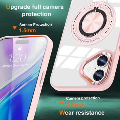 Husa de Protectie TPU, Flippy, pentru iPhone 16, Anticadere, cu Incarcare Wireless, Tehnologie Magsafe, Inel Magnetic Rotativ cu Functie de Suport, Transparent-Roz-1