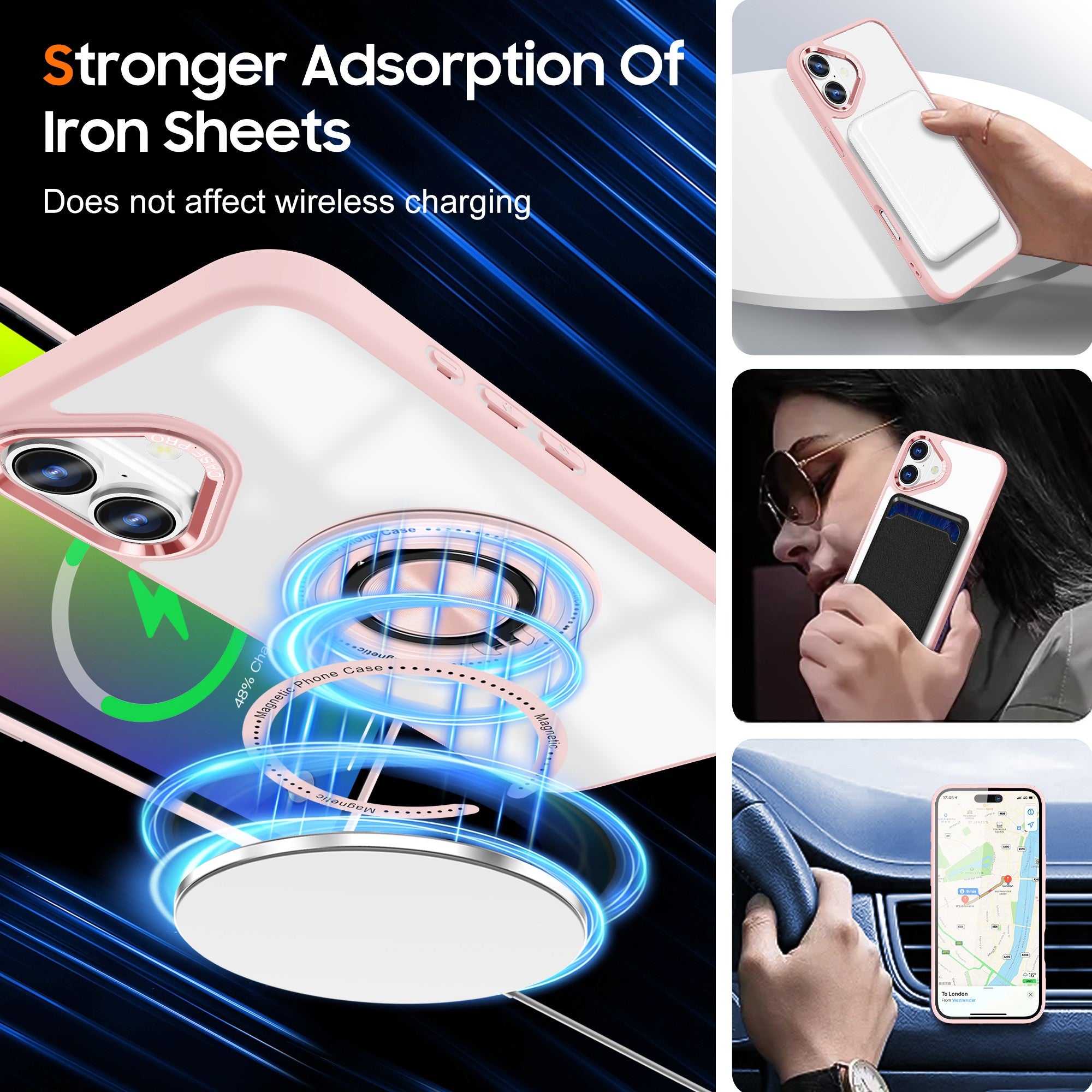 Husa de Protectie TPU, Flippy, pentru iPhone 16 Plus, Anticadere, cu Incarcare Wireless, Tehnologie Magsafe, Inel Magnetic Rotativ cu Functie de Suport, Transparent-Roz-3