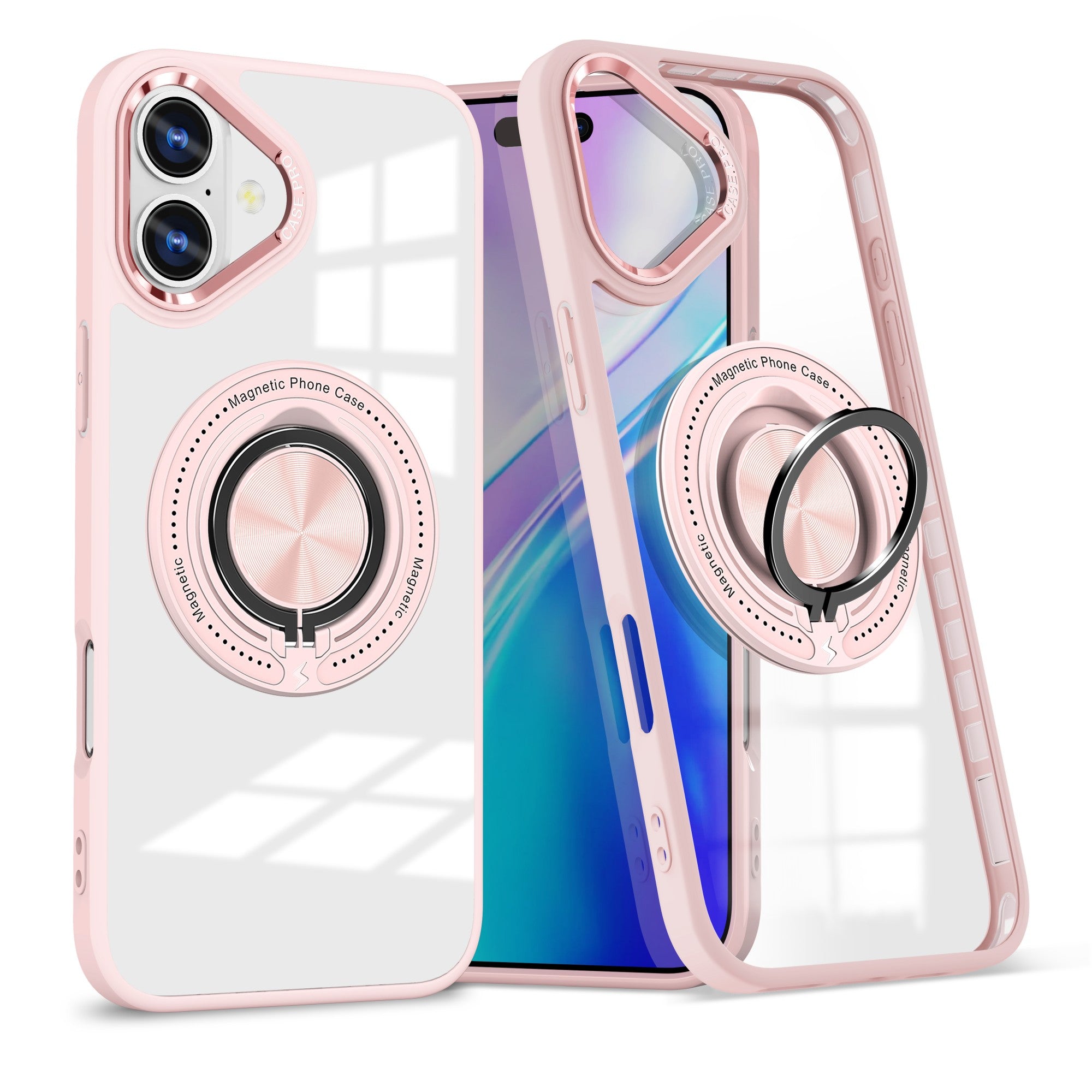 Husa de Protectie TPU, Flippy, pentru iPhone 16 Plus, Anticadere, cu Incarcare Wireless, Tehnologie Magsafe, Inel Magnetic Rotativ cu Functie de Suport, Transparent-Roz-0