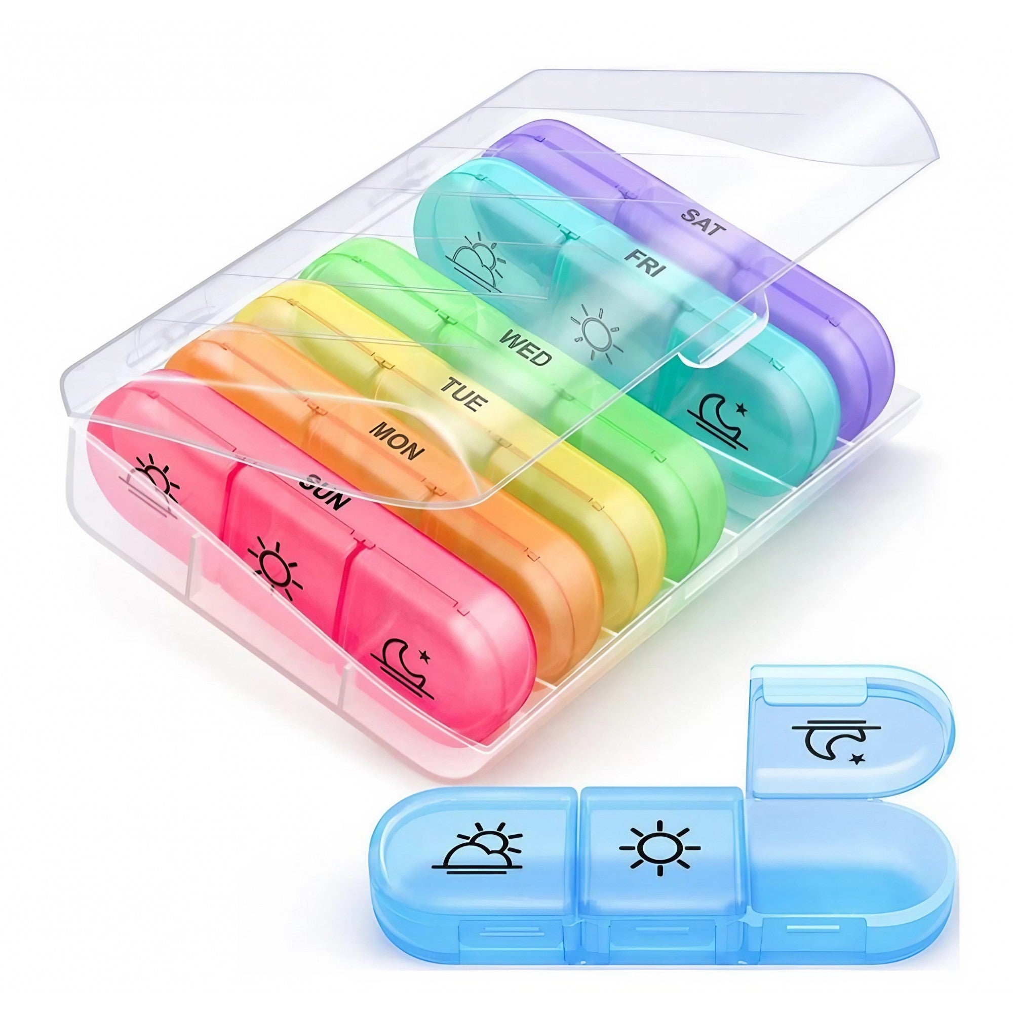 Cutie Depozitare Medicamente, Flippy, 7 Zile, 21 Compartimente, Cutie Suport, Recipiente Detasabile, Portabila, Multicolor, Cutie Transparenta, 15.6x12 cm-0