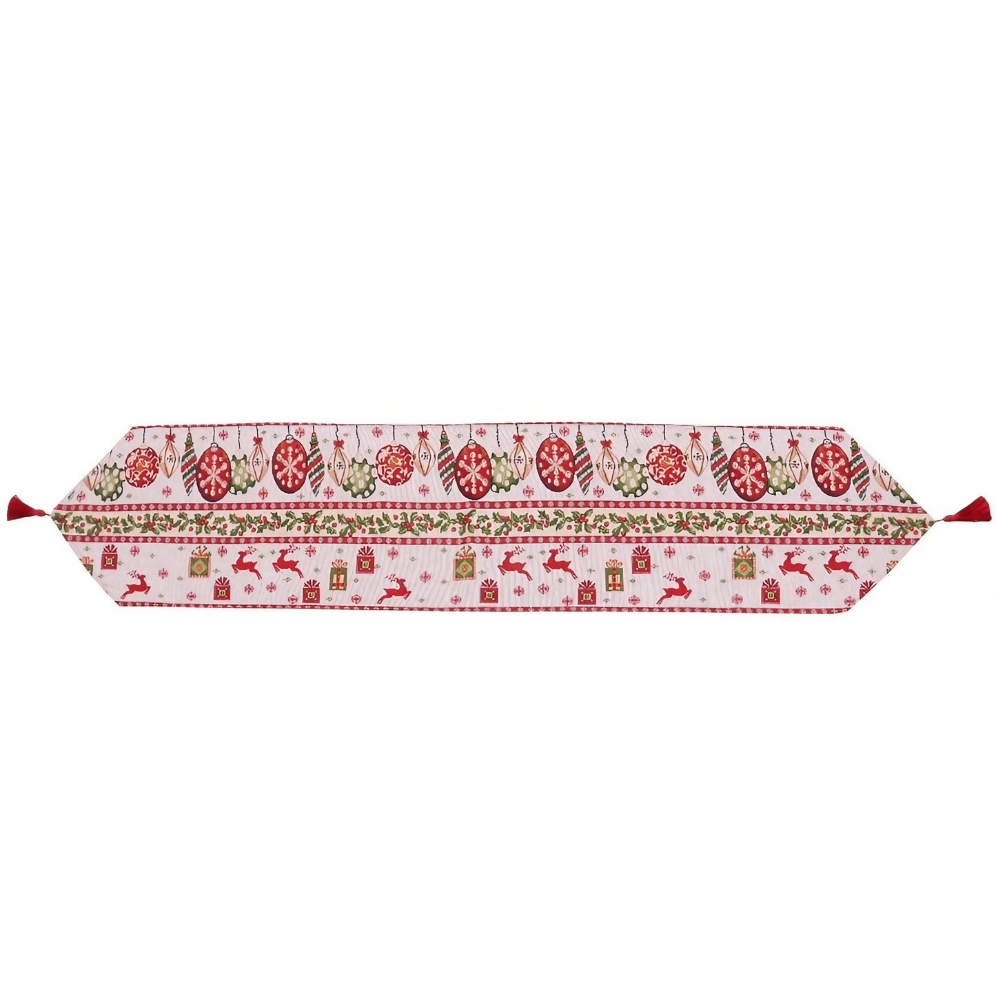Traversa de Masa pentru Craciun, Flippy, Napron, din Material Tricotat cu Tesatura Groasa, Model Globuri, Reni si Cadouri, cu Colt si Ciucure, 173x34x0.2 cm, Alb/ Rosu-0