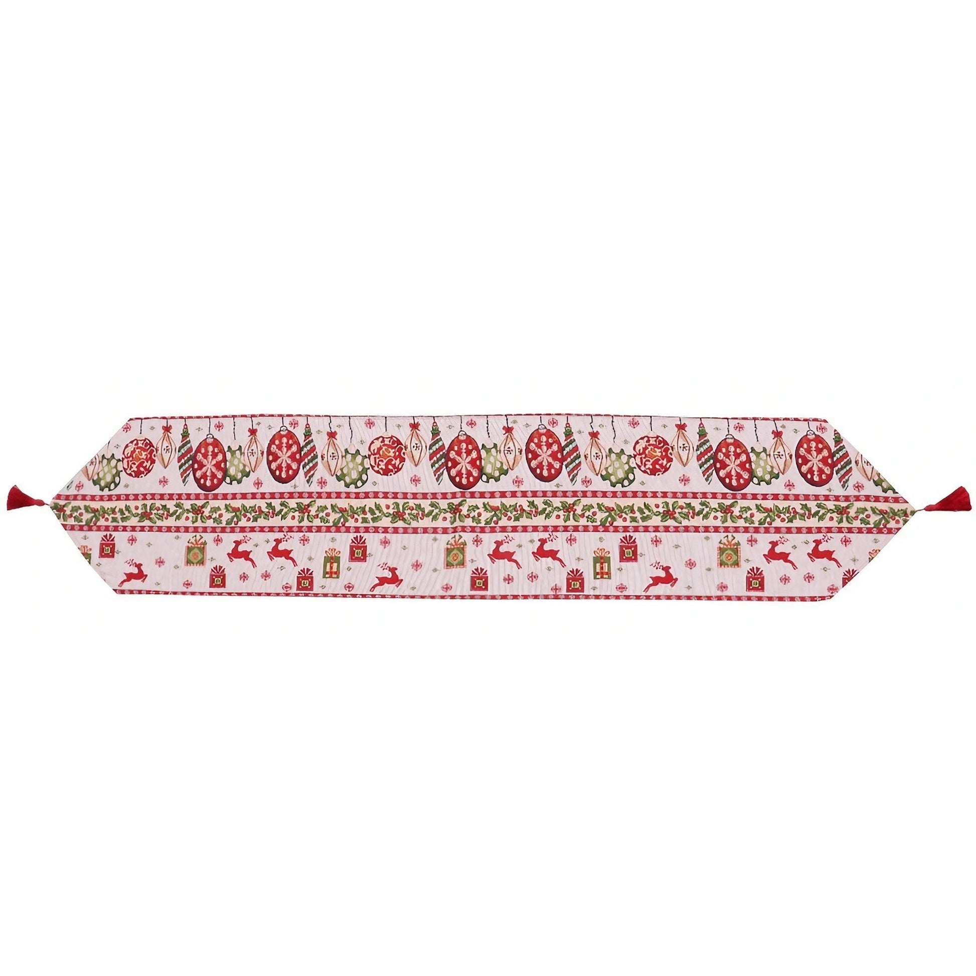 Traversa de Masa pentru Craciun, Flippy, Napron, din Material Tricotat cu Tesatura Groasa, Model Globuri, Reni si Cadouri, cu Colt si Ciucure, 173x34x0.2 cm, Alb/ Rosu-0