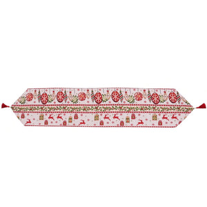 Traversa de Masa pentru Craciun, Flippy, Napron, din Material Tricotat cu Tesatura Groasa, Model Globuri, Reni si Cadouri, cu Colt si Ciucure, 173x34x0.2 cm, Alb/ Rosu-0