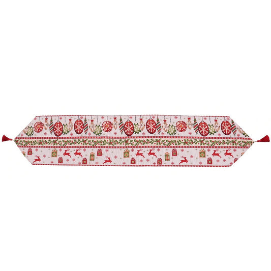 Traversa de Masa pentru Craciun, Flippy, Napron, din Material Tricotat cu Tesatura Groasa, Model Globuri, Reni si Cadouri, cu Colt si Ciucure, 173x34x0.2 cm, Alb/ Rosu-0