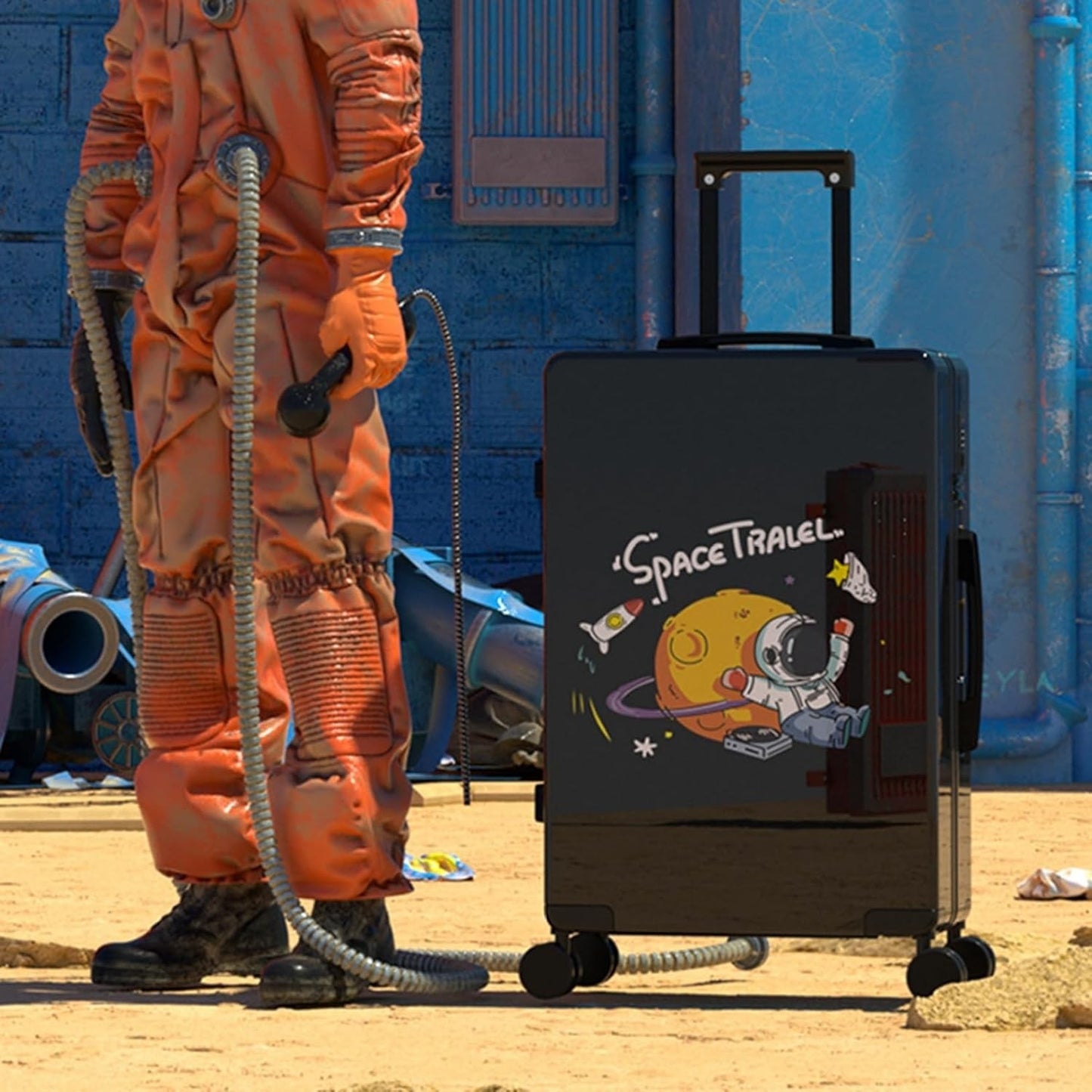 Troler de Calatorie, Flippy, 56 x 35 x 22 cm, 4 Roti, Maner Reglabil, din ABS, cu Fermoar, Blocare cu Cod, Impermeabil, Model Astronaut, Negru-6
