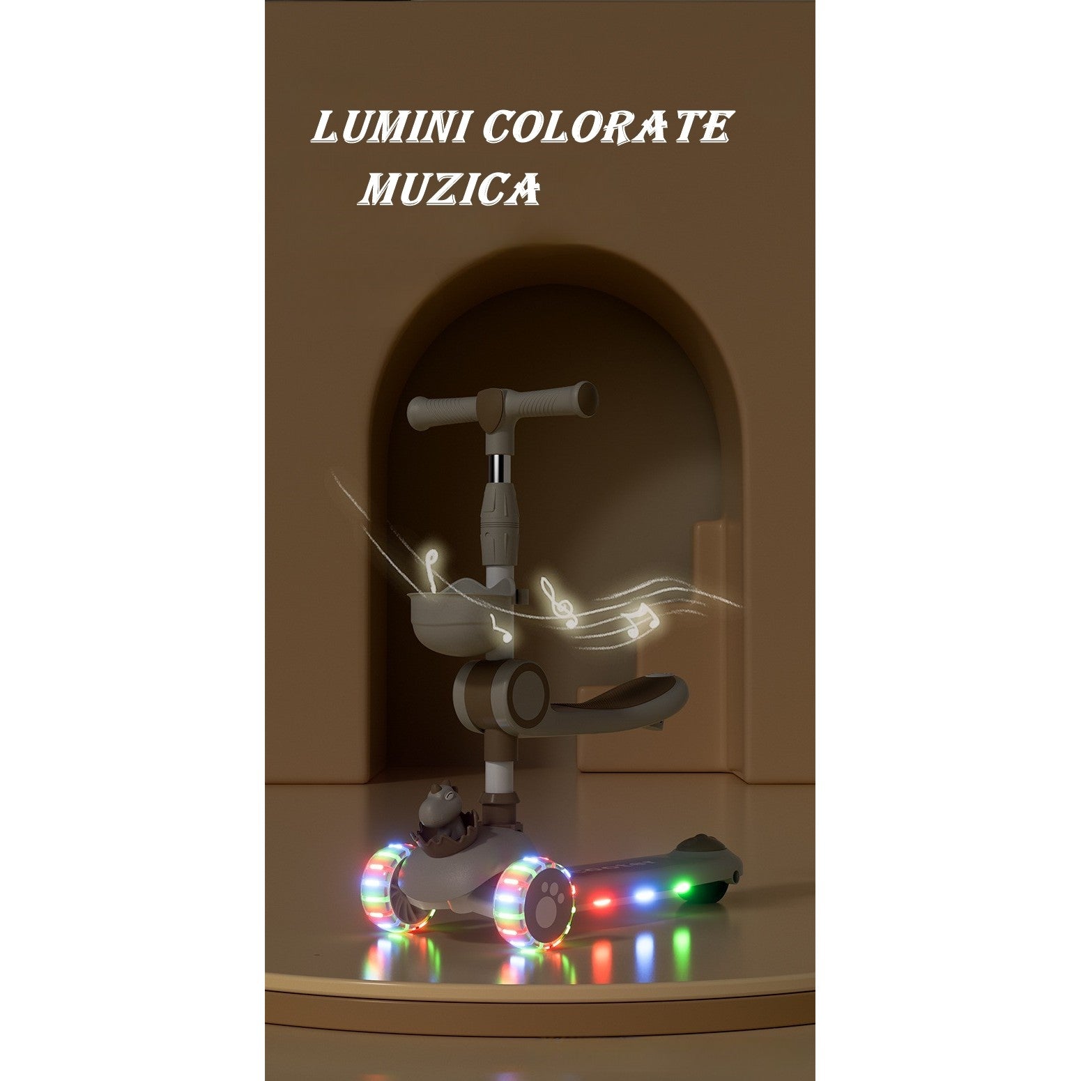 Trotineta Multifunctionala 3 in 1, Flippy, pentru Copii, 1-7 Ani, cu Lumini si Muzica, Reglabil 360, Pliere Usoara, Reglarea Inaltimii, Model Dinozaur, 67-76 x 24 x 55 cm, Alb/Bej-1