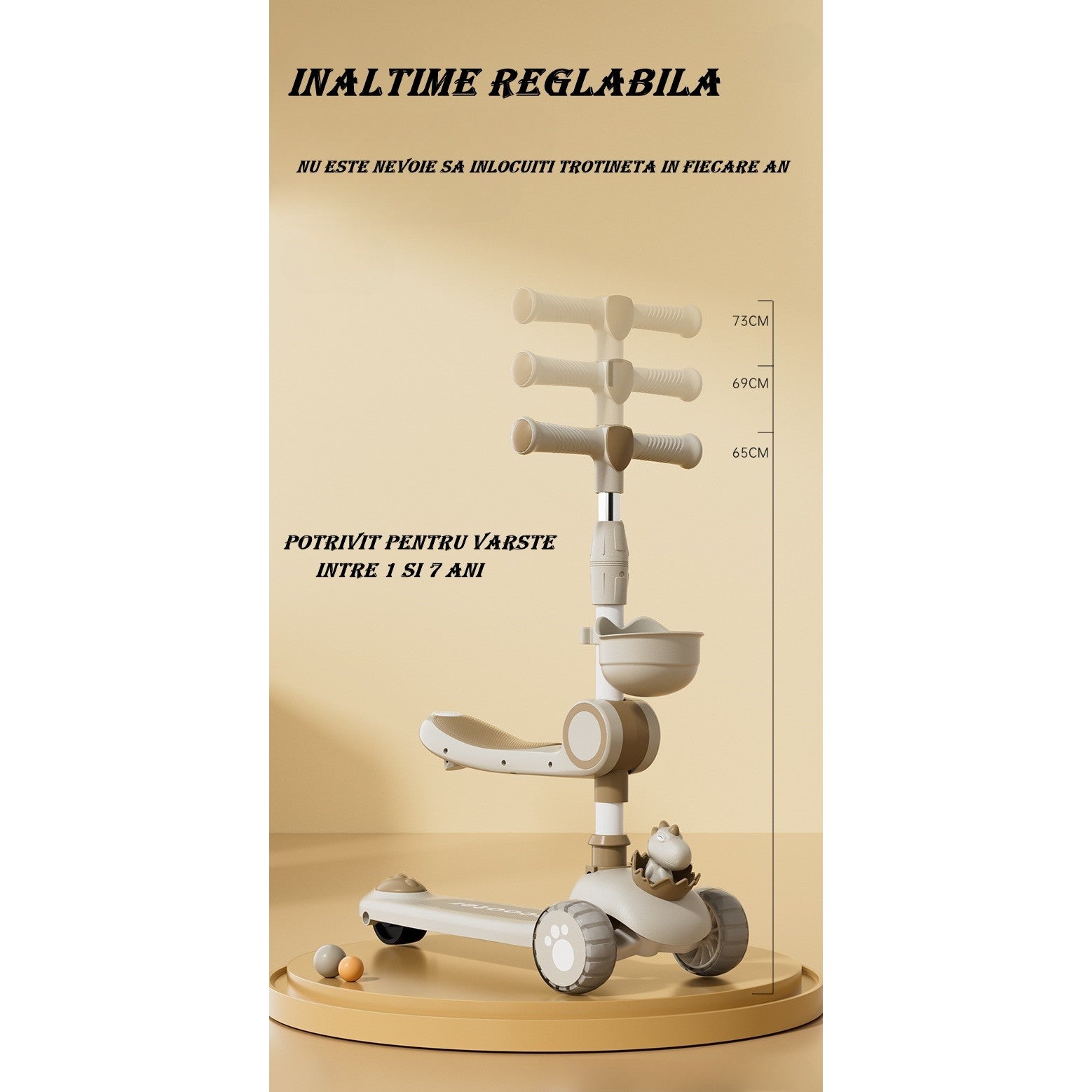 Trotineta Multifunctionala 3 in 1, Flippy, pentru Copii, 1-7 Ani, cu Lumini si Muzica, Reglabil 360, Pliere Usoara, Reglarea Inaltimii, Model Dinozaur, 67-76 x 24 x 55 cm, Alb/Bej-2