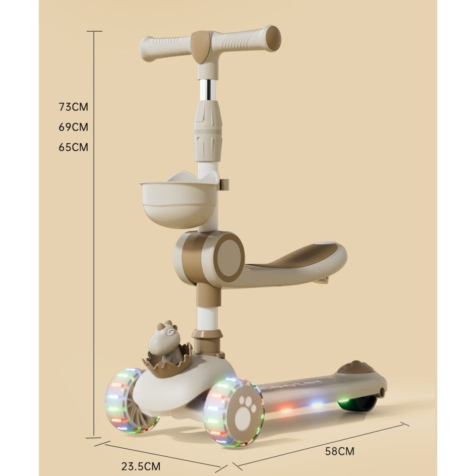 Trotineta Multifunctionala 3 in 1, Flippy, pentru Copii, 1-7 Ani, cu Lumini si Muzica, Reglabil 360, Pliere Usoara, Reglarea Inaltimii, Model Dinozaur, 67-76 x 24 x 55 cm, Alb/Bej-3