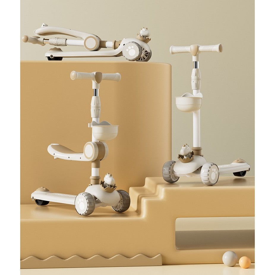 Trotineta Multifunctionala 3 in 1, Flippy, pentru Copii, 1-7 Ani, cu Lumini si Muzica, Reglabil 360, Pliere Usoara, Reglarea Inaltimii, Model Dinozaur, 67-76 x 24 x 55 cm, Alb/Bej-4