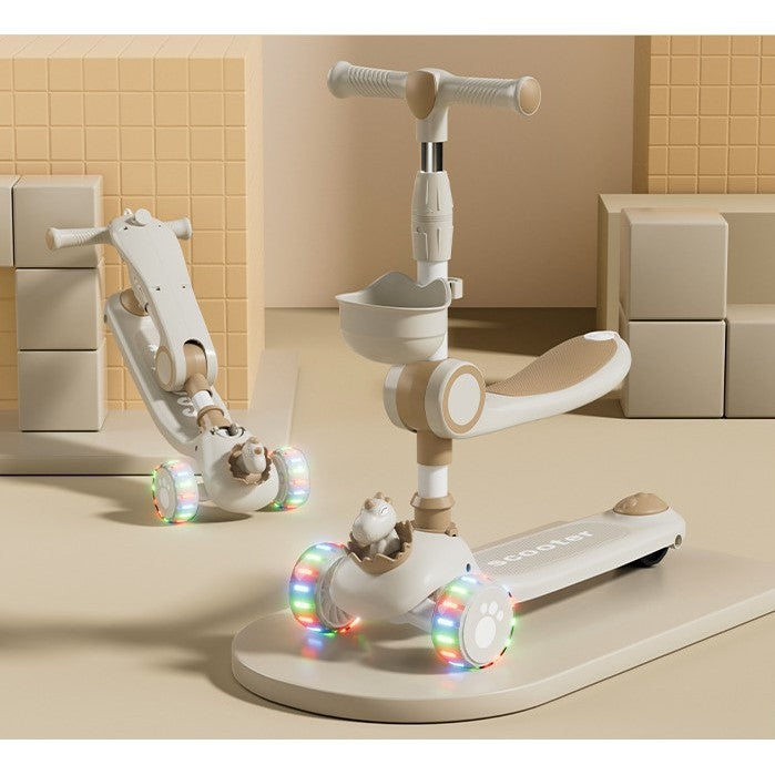 Trotineta Multifunctionala 3 in 1, Flippy, pentru Copii, 1-7 Ani, cu Lumini si Muzica, Reglabil 360, Pliere Usoara, Reglarea Inaltimii, Model Dinozaur, 67-76 x 24 x 55 cm, Alb/Bej-5