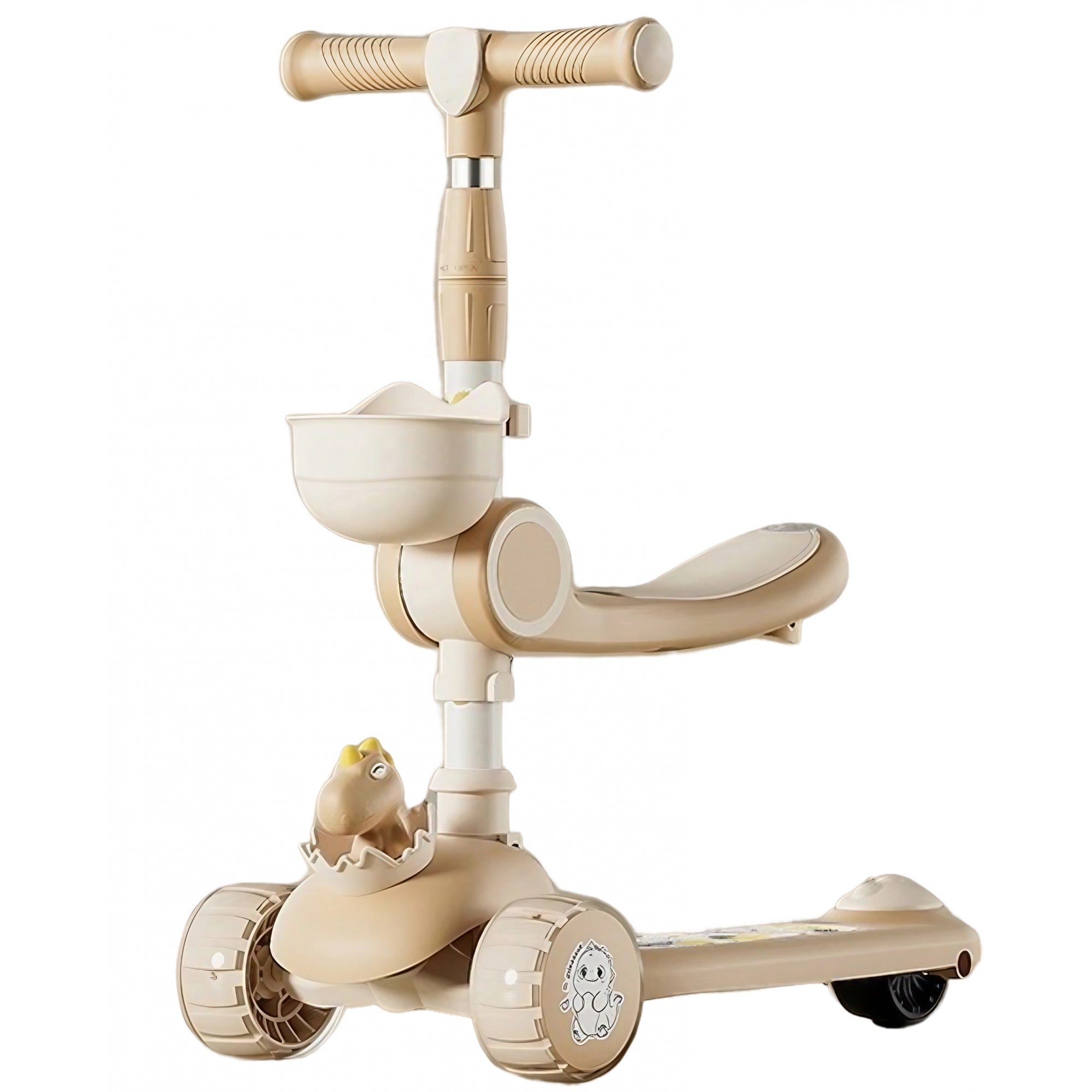 Trotineta Multifunctionala 3 in 1, Flippy, pentru Copii, 1-7 Ani, cu Lumini si Muzica, Reglabil 360, Pliere Usoara, Reglarea Inaltimii, Model Dinozaur, 67-76 x 24 x 55 cm, Alb/Bej-0
