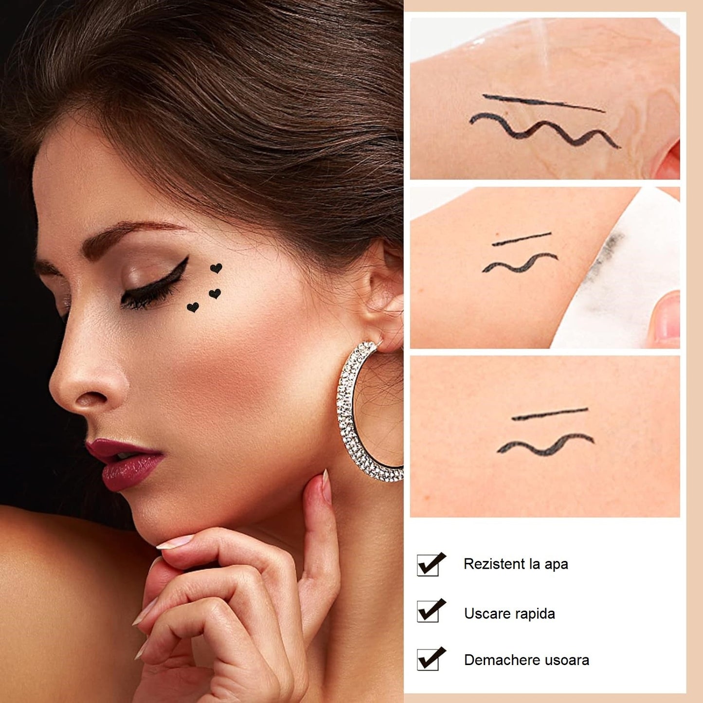 Tus Lichid pentru Ochi, Flippy, 2 Capete, Eyeliner si Stampila Inima, Pentru Ochi si Corp, 50 g, Rezistent la Apa, 12.7 x 3 cm, Negru-1