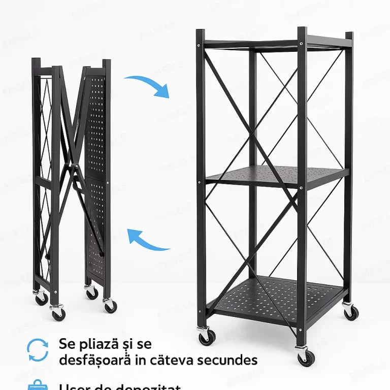 Raft Depozitare Metalic Pliabil pe Roți – 3 Polițe, Negru, 72x34x87 cm