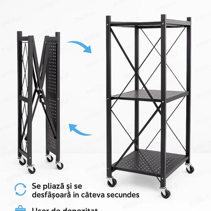 Raft Depozitare Metalic Pliabil pe Roți – 3 Polițe, Negru, 72x34x87 cm