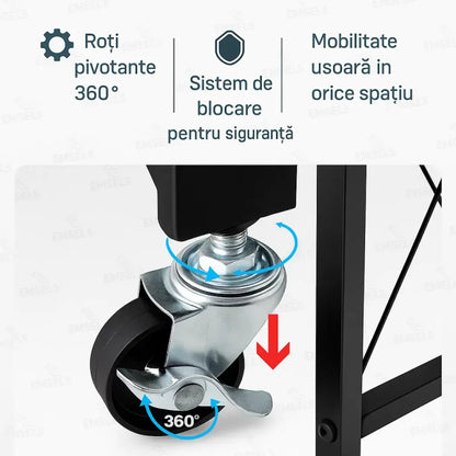 Raft Depozitare Metalic Pliabil pe Roți – 3 Polițe, Negru, 72x34x87 cm