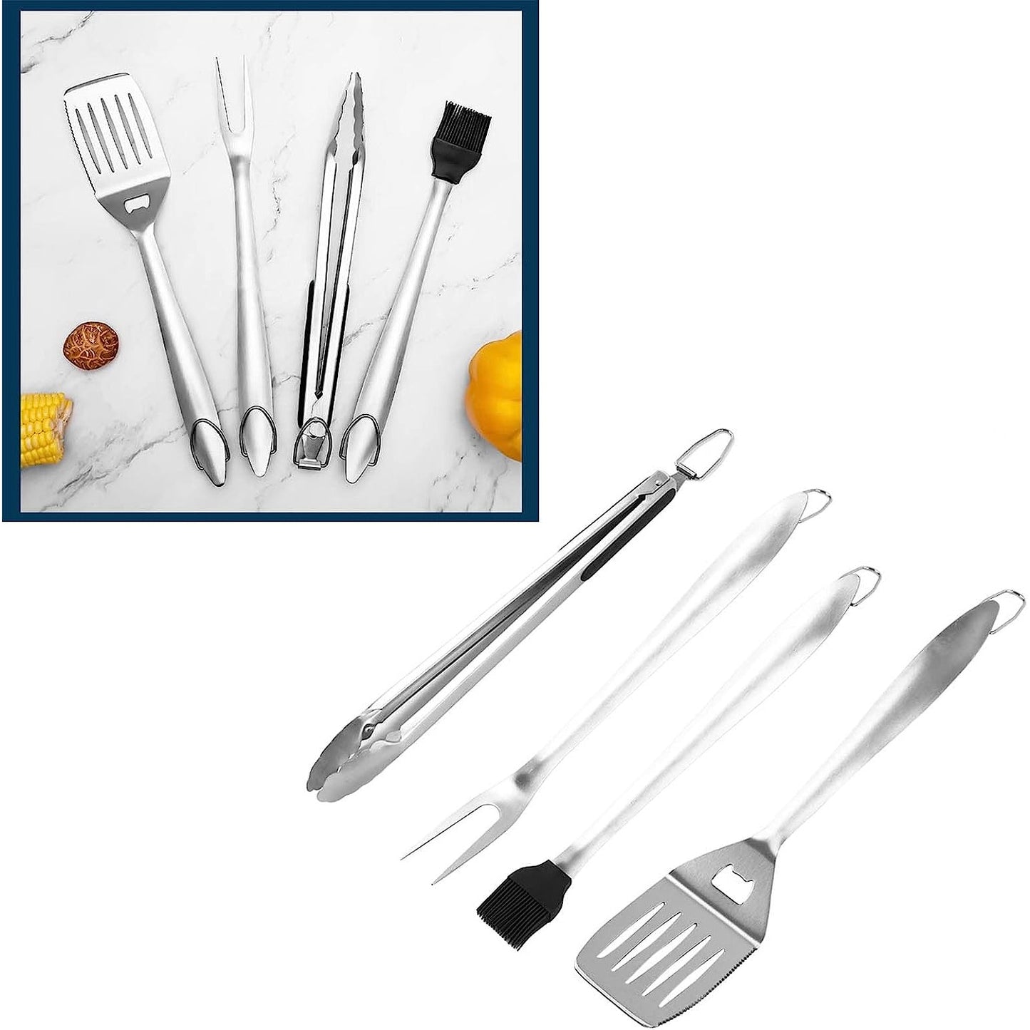 Set 4 ustensile pentru gratar Flippy, din otel inoxidabil, cu agatatoare, rezistente la temperaturi ridicate, argintiu-4