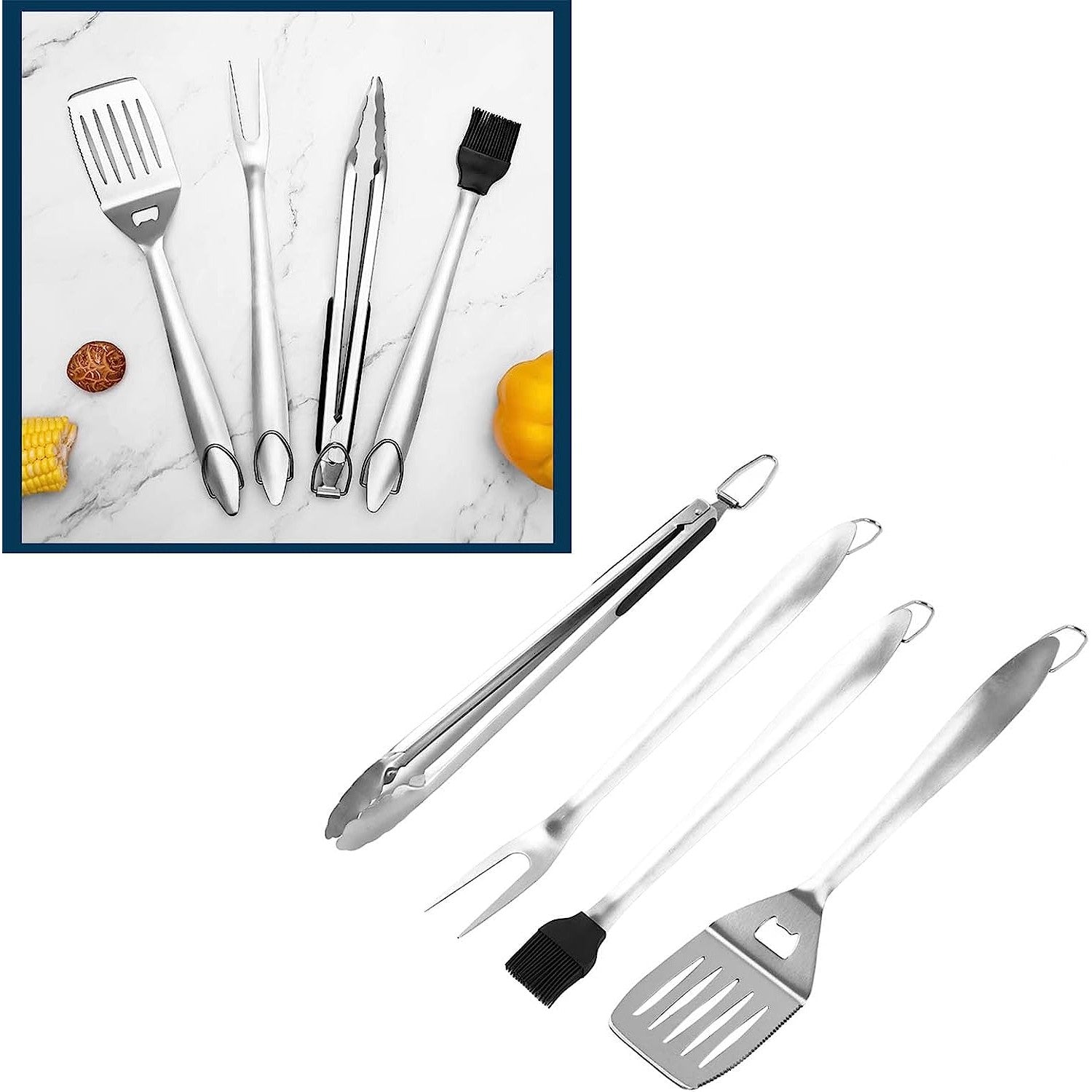Set 4 ustensile pentru gratar Flippy, din otel inoxidabil, cu agatatoare, rezistente la temperaturi ridicate, argintiu-4